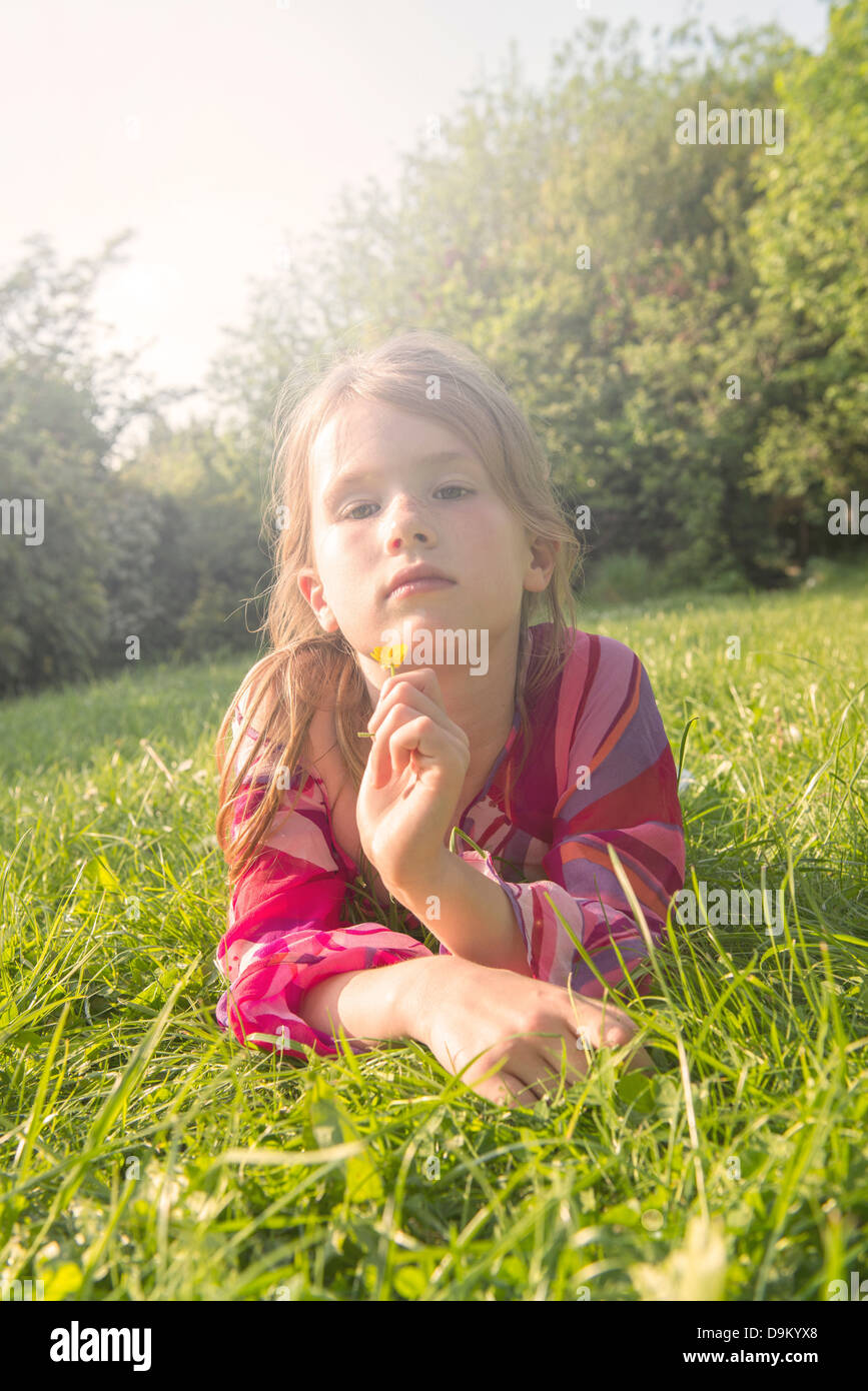Portrait of Girl holding buttercup dans domaine Banque D'Images