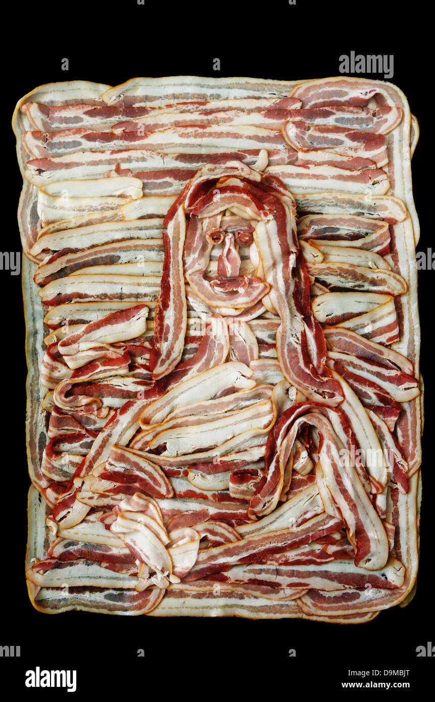 Lisa Bacon ou une paraphrase de la joconde en raw bacon avec fond noir Banque D'Images