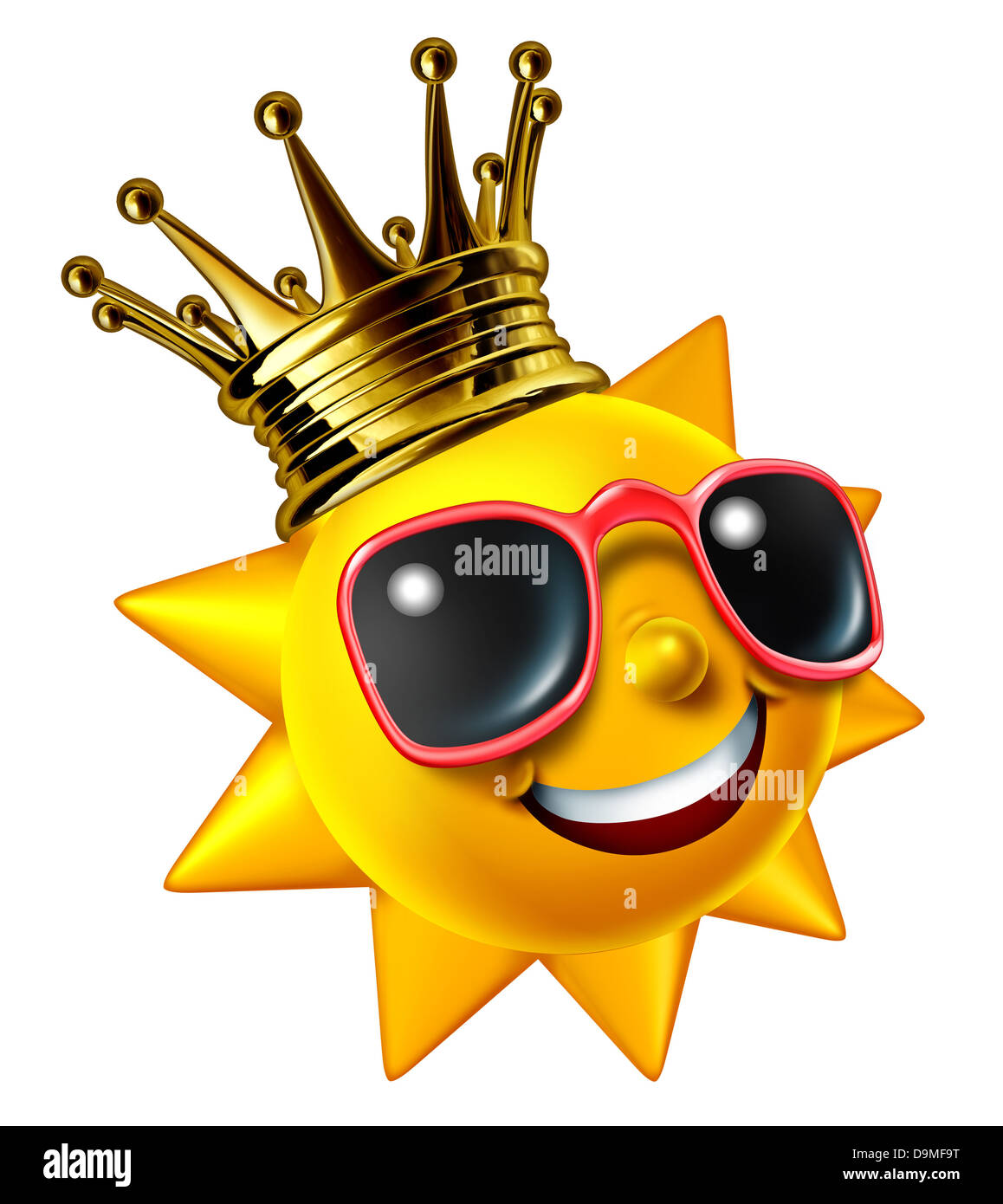 Meilleures vacances ensoleillé voyager concept avec un caractère souriant soleil d'portant une couronne d'or avec des lunettes comme un plaisir Chaud rougeoyant Plaisir saisonnier icône de détente avec temps chaud isolé sur blanc. Banque D'Images