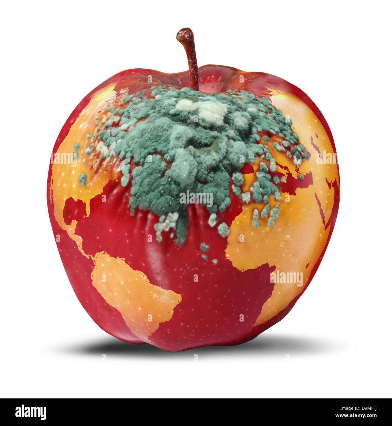 Les problèmes mondiaux et les questions environnementales concernant la santé de la planète terre comme une pomme rouge avec une carte du monde pourrir avec Growing green champignon comme un concept de crise politique et de conservation sur blanc. Banque D'Images