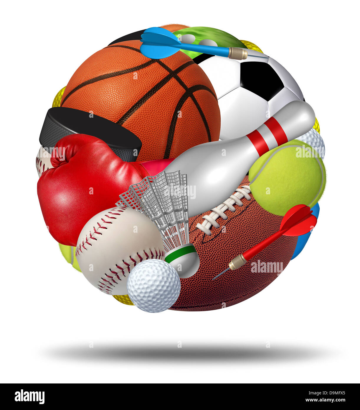 Ballon de sport comme d'une sphère avec un groupe organisé de matériel de sport le football basketball hockey Football Golf Tennis Badminton Baseball football bowling fléchettes et de boxe sur un fond blanc. Banque D'Images