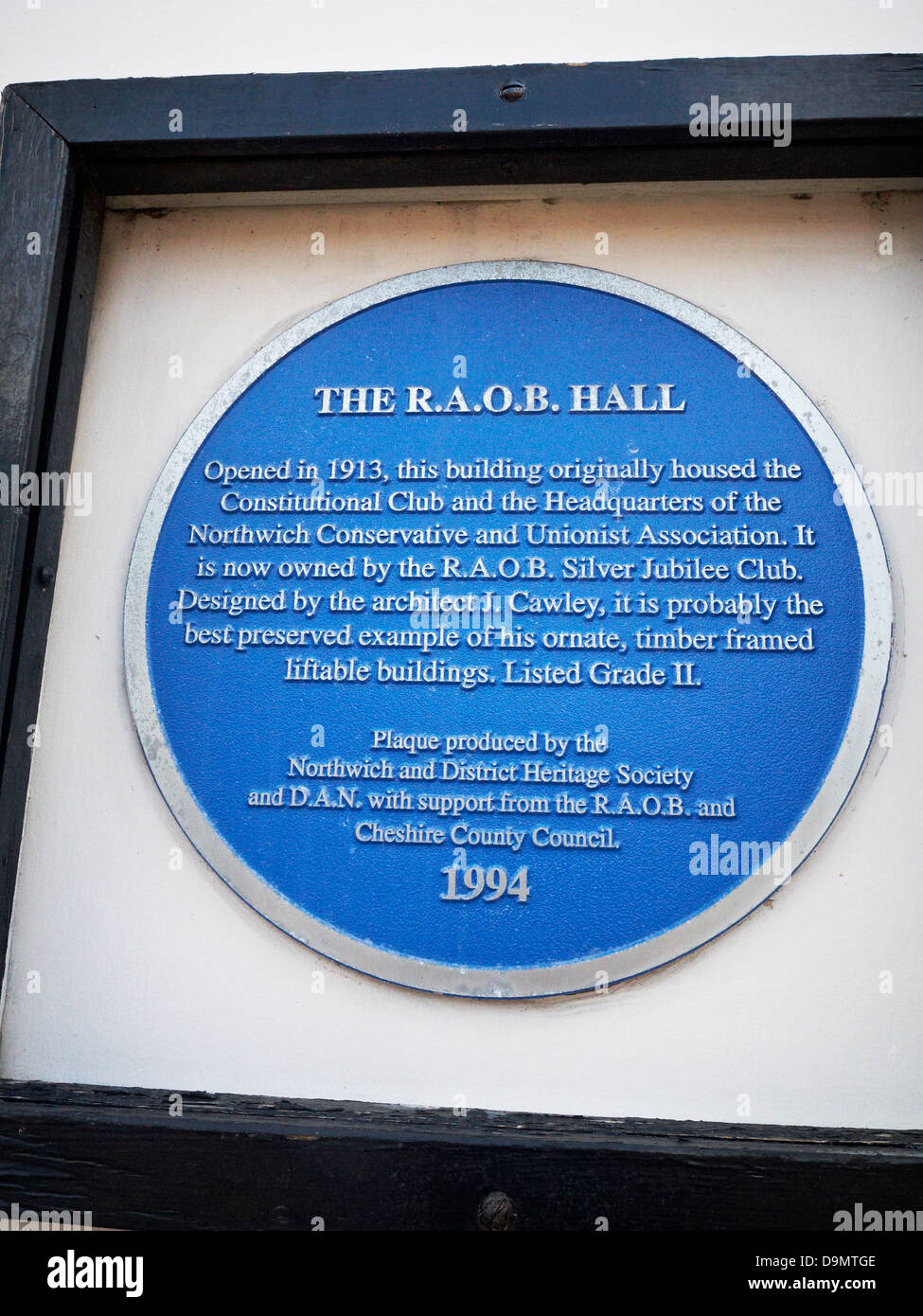Bue plaque sur le R.A.O.B. Hall à Northwich UK Banque D'Images