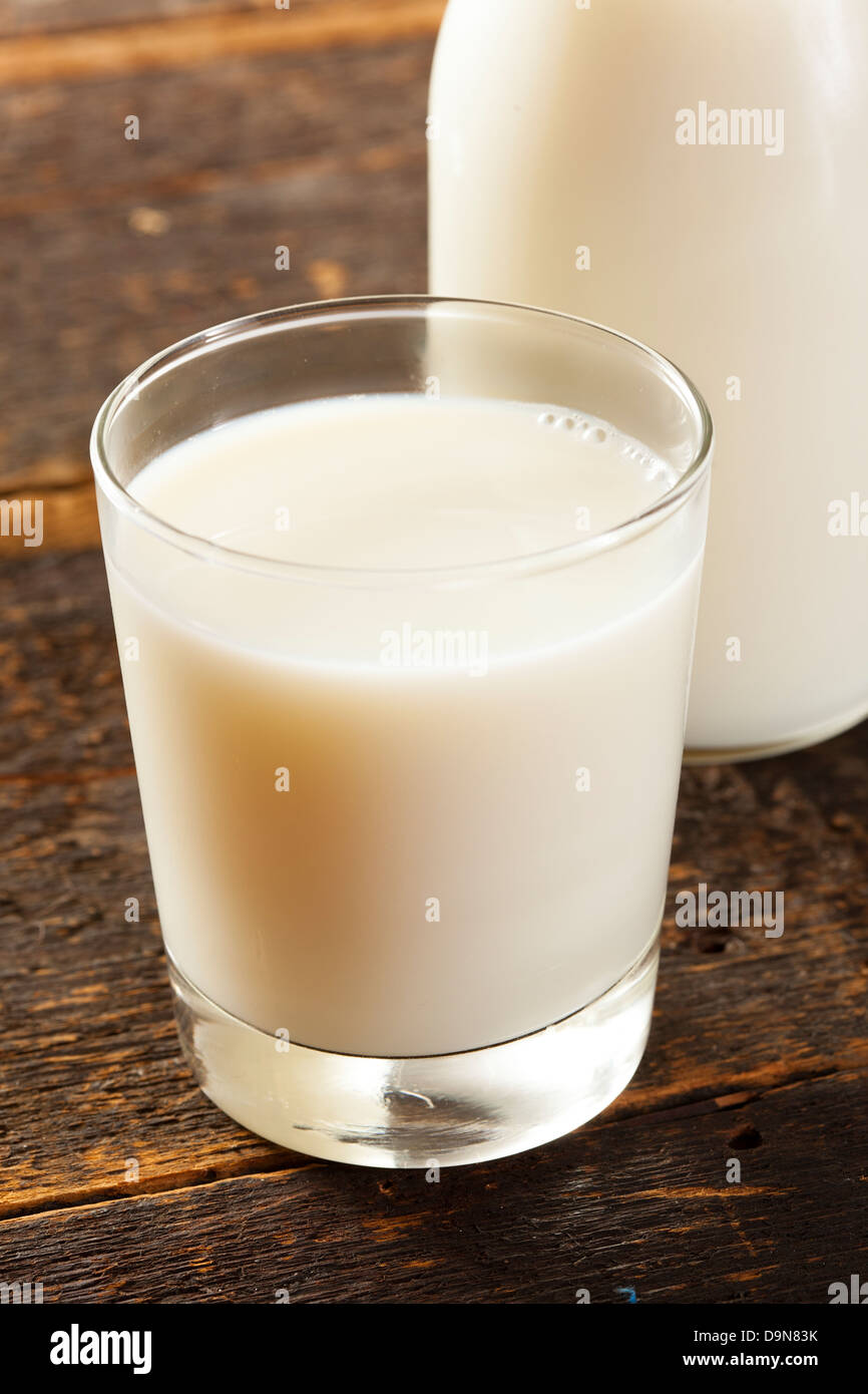 Blanc lait biologique froide rafraîchissante dans une bouteille de lait Banque D'Images