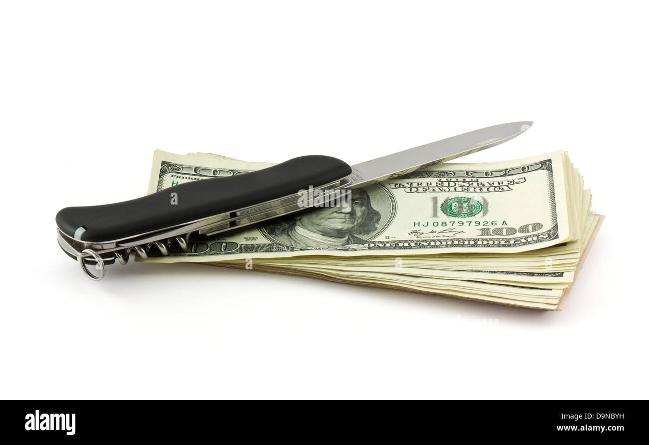 Dollars et knife isolated on white Banque D'Images