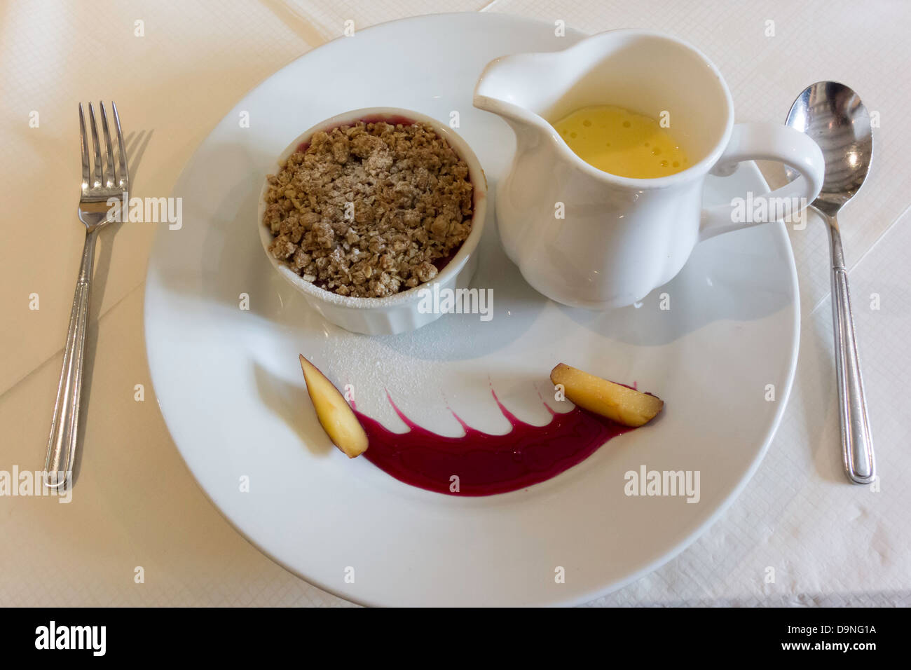 L'heure du déjeuner de l'hôtel Sweet Plum crumble et un pot de crème anglaise Banque D'Images