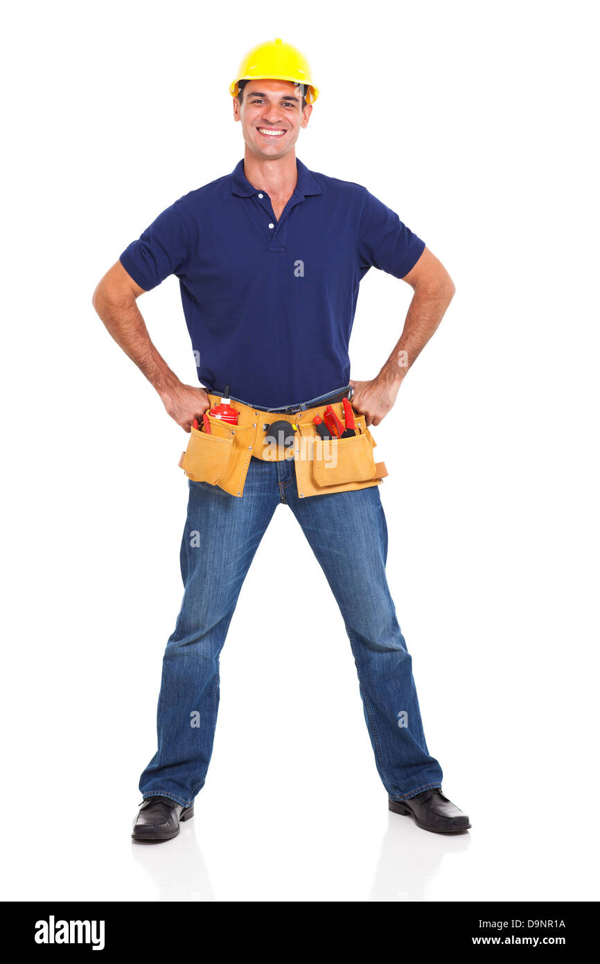 Handsome handyman wearing tool casque over white background Banque D'Images