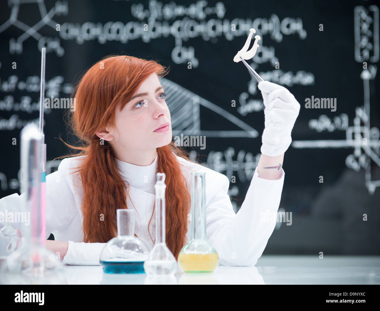 Close-up d'un élève dans un laboratoire de chimie de l'analyse d'un groupe de champignons autour d'une table de laboratoire avec des liquides colorés et une blackboar Banque D'Images