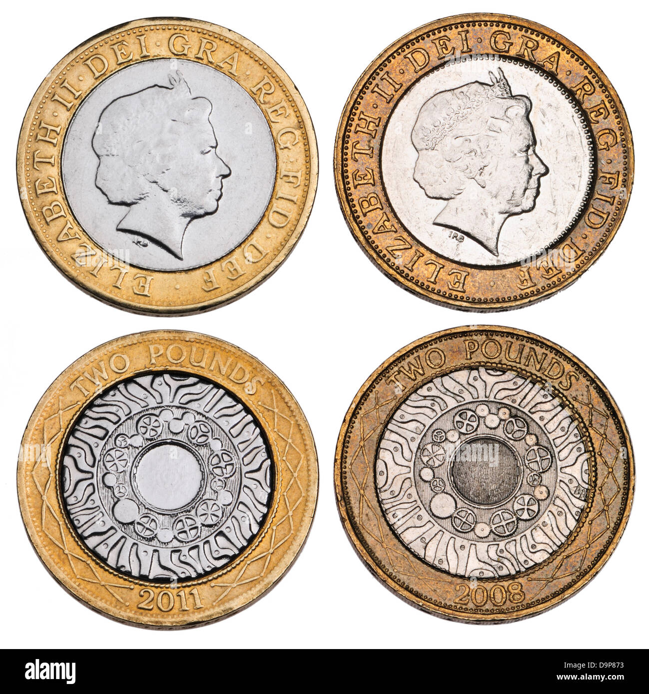 La contrefaçon des pièces de 2 € (à gauche) par rapport à l'authentique (à droite) montrant le manque de détail et d'autre couleur Banque D'Images
