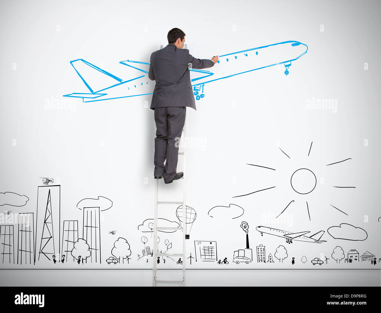 Businessman standing dimensions avion au-dessus de ville Banque D'Images