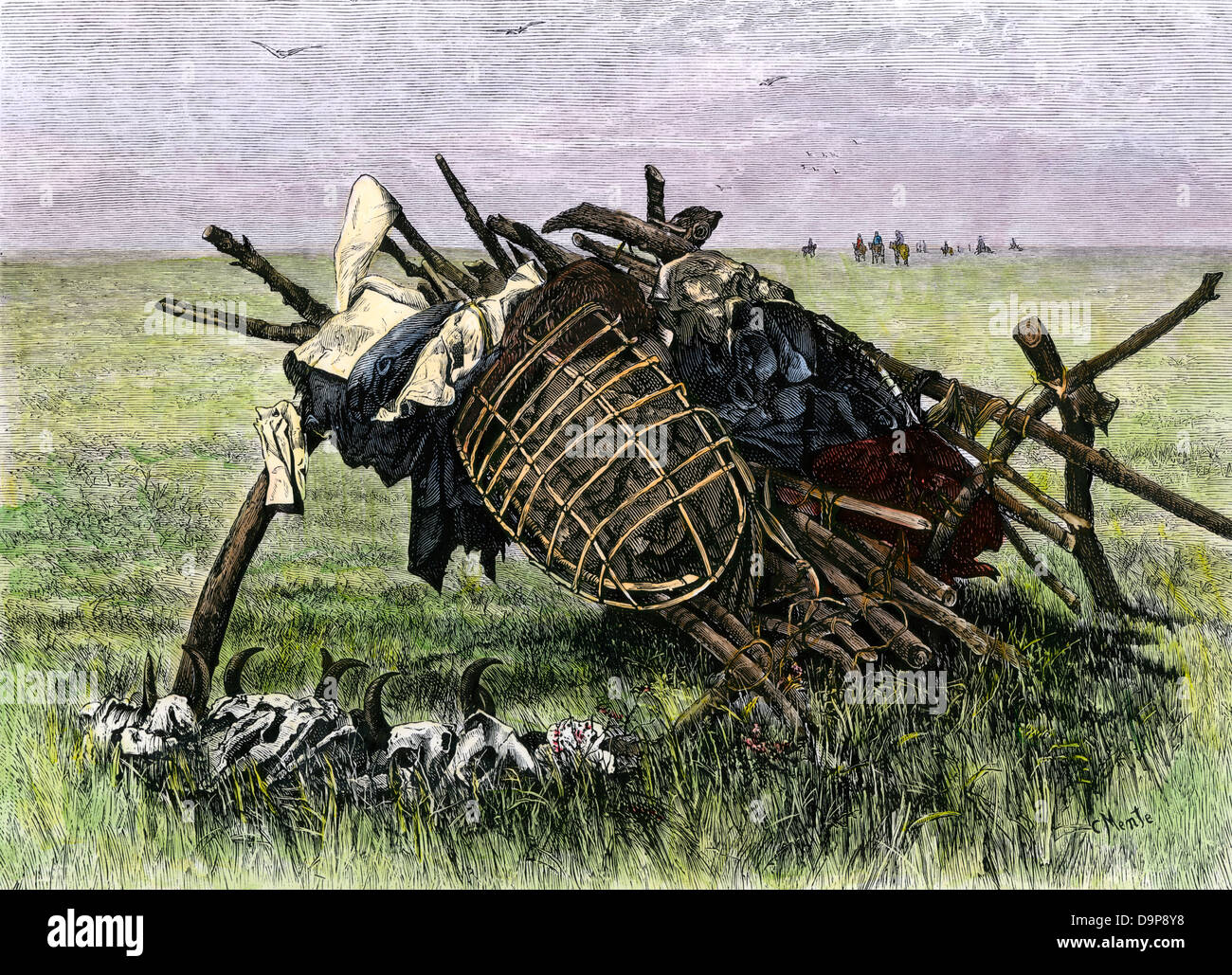 Tombe avec Sioux, crânes de bison sur les rives de la rivière Yellowstone, dans l'Est du Montana, des années 1800 à la main, gravure sur bois Banque D'Images