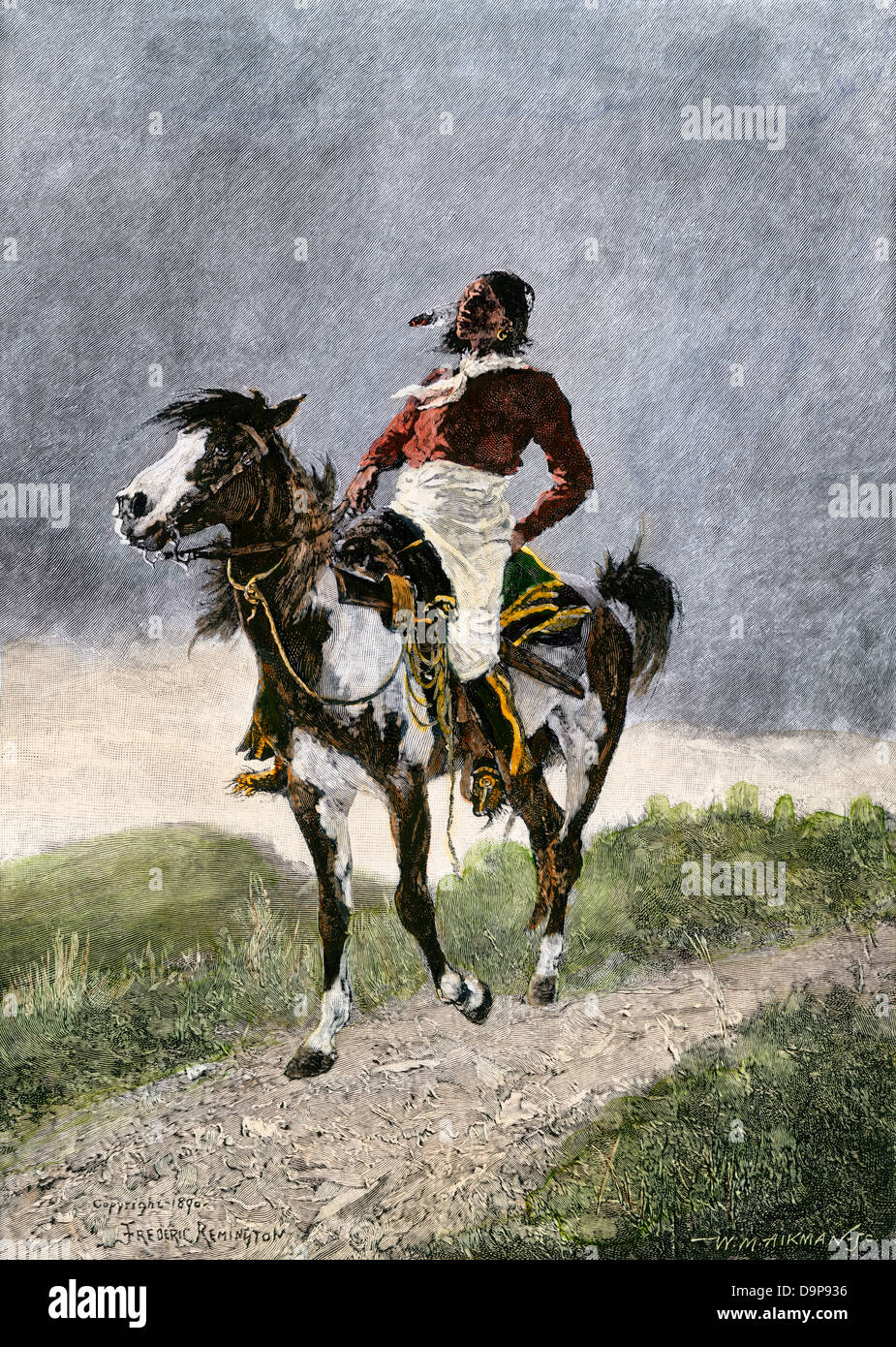 Comanche brave voyageant par cheval, plaines du sud, années 1800. À la main, gravure sur bois, d'une illustration Frederic Remington Banque D'Images