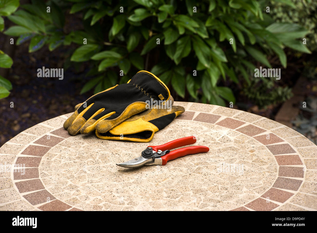 Gants et sécateur sur une table de jardin. Banque D'Images