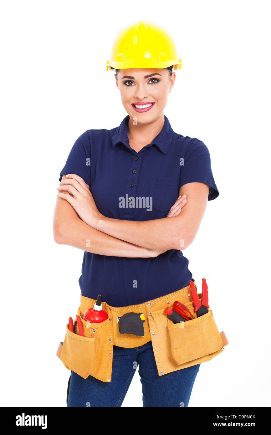 Belle femme entrepreneur de construction isolé sur blanc demi-longueur Banque D'Images