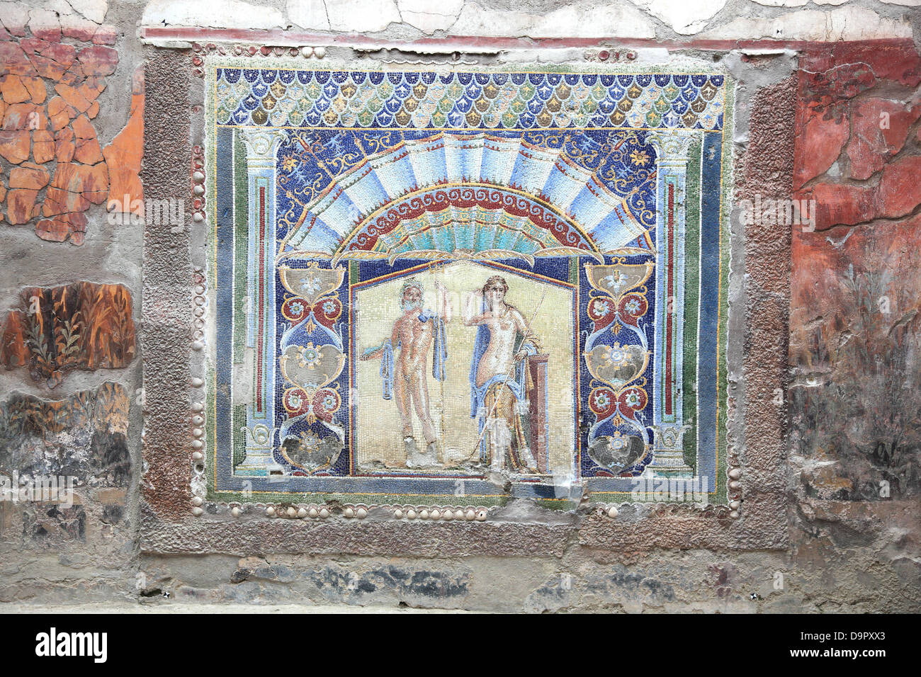 Neptune et Amphitrite, mosaïque murale dans la chambre n° 22 dans les ruines d'Herculanum, Campanie, Italie Banque D'Images