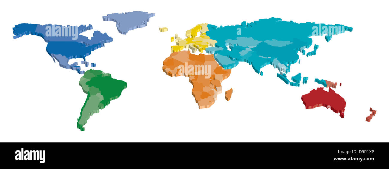 Continent 3D et carte du pays séparés par la couleur Banque D'Images