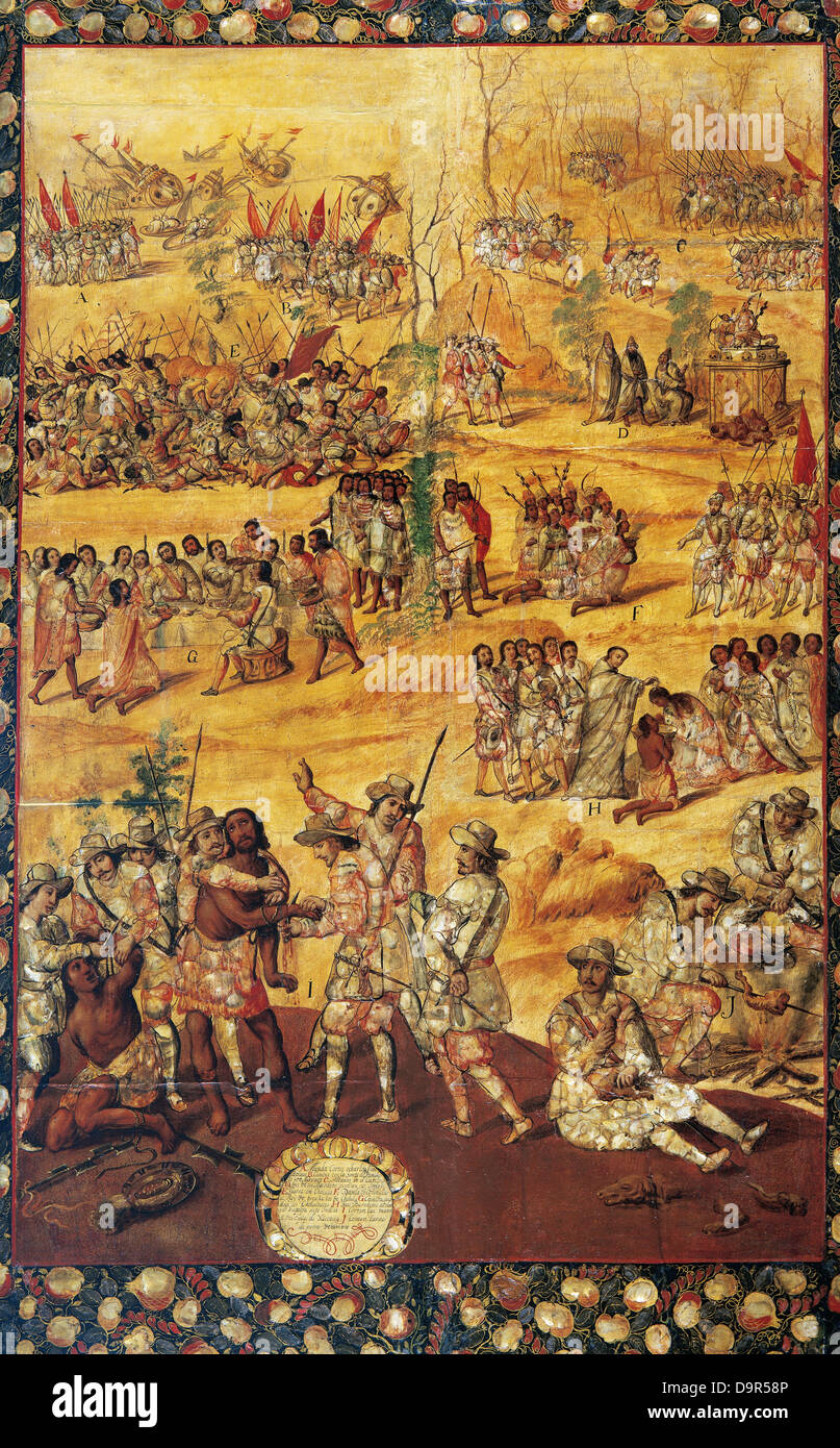 Conquête du Mexique. Anonimous table. 1676-1700. Couper les mains des Espagnols à l'Xicoteca les espions et la cuisson la viande de chien. Banque D'Images