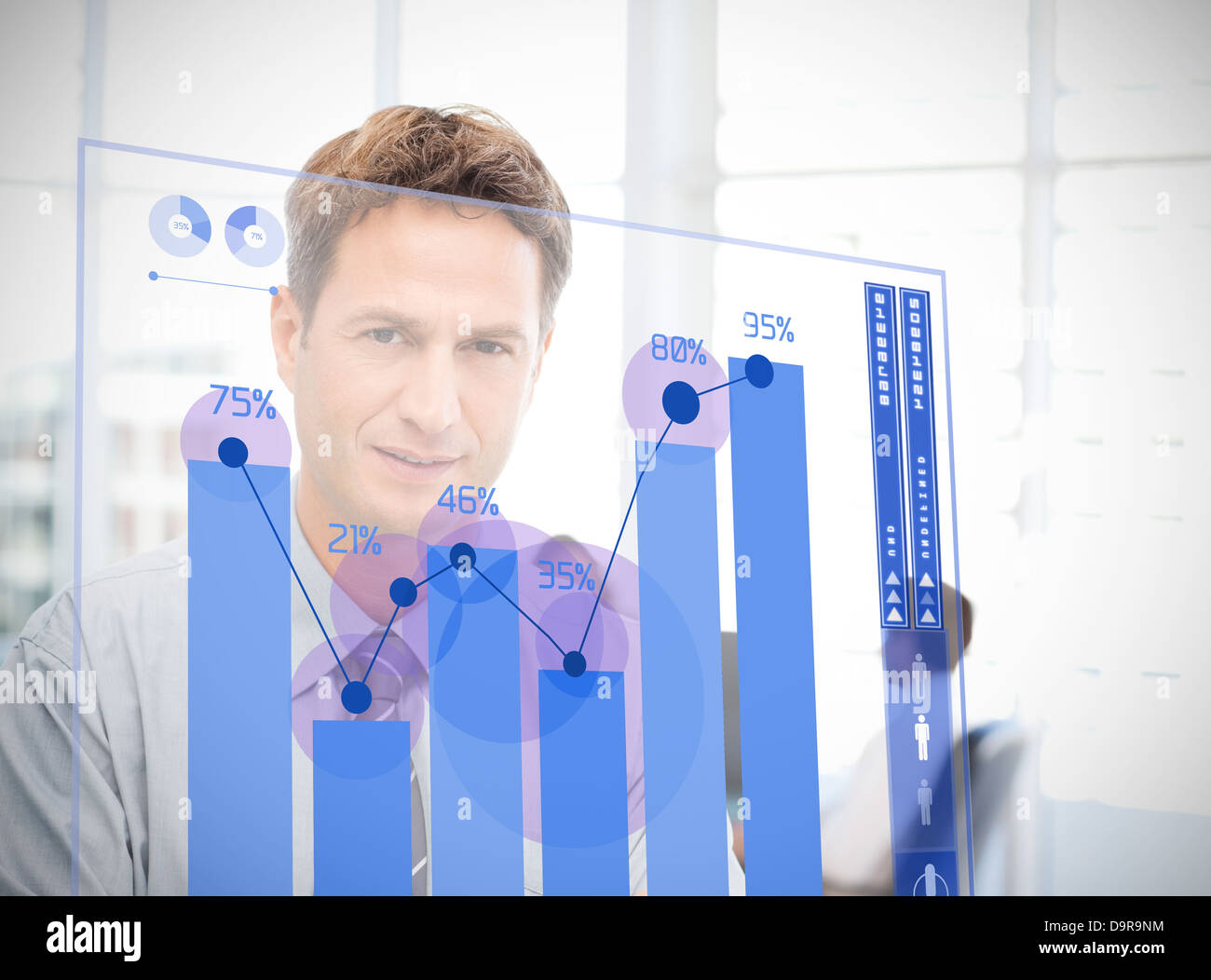 Businessman looking at blue chart interface Banque D'Images