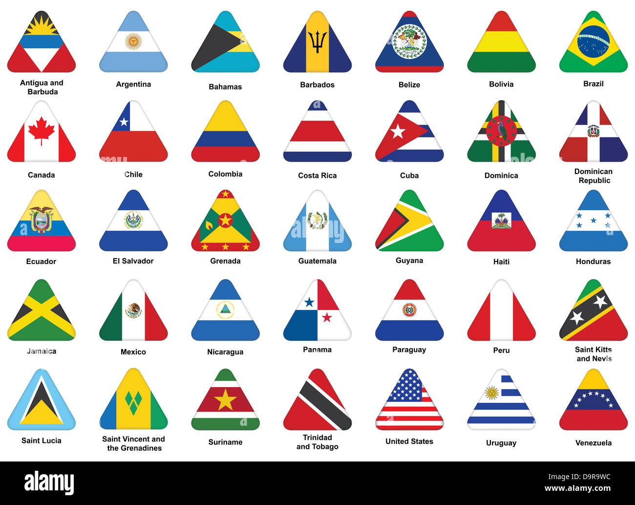 Ensemble d'icônes triangle avec drapeaux des Amériques Banque D'Images