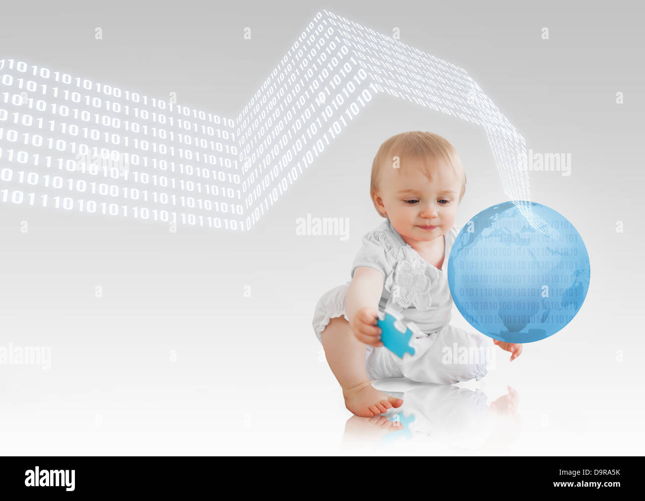 Les codes binaires flottant autour d'un bébé avec une planète bleue Banque D'Images Les codes binaires flottant autour d'un bébé avec une planète bleue Banque D'Images