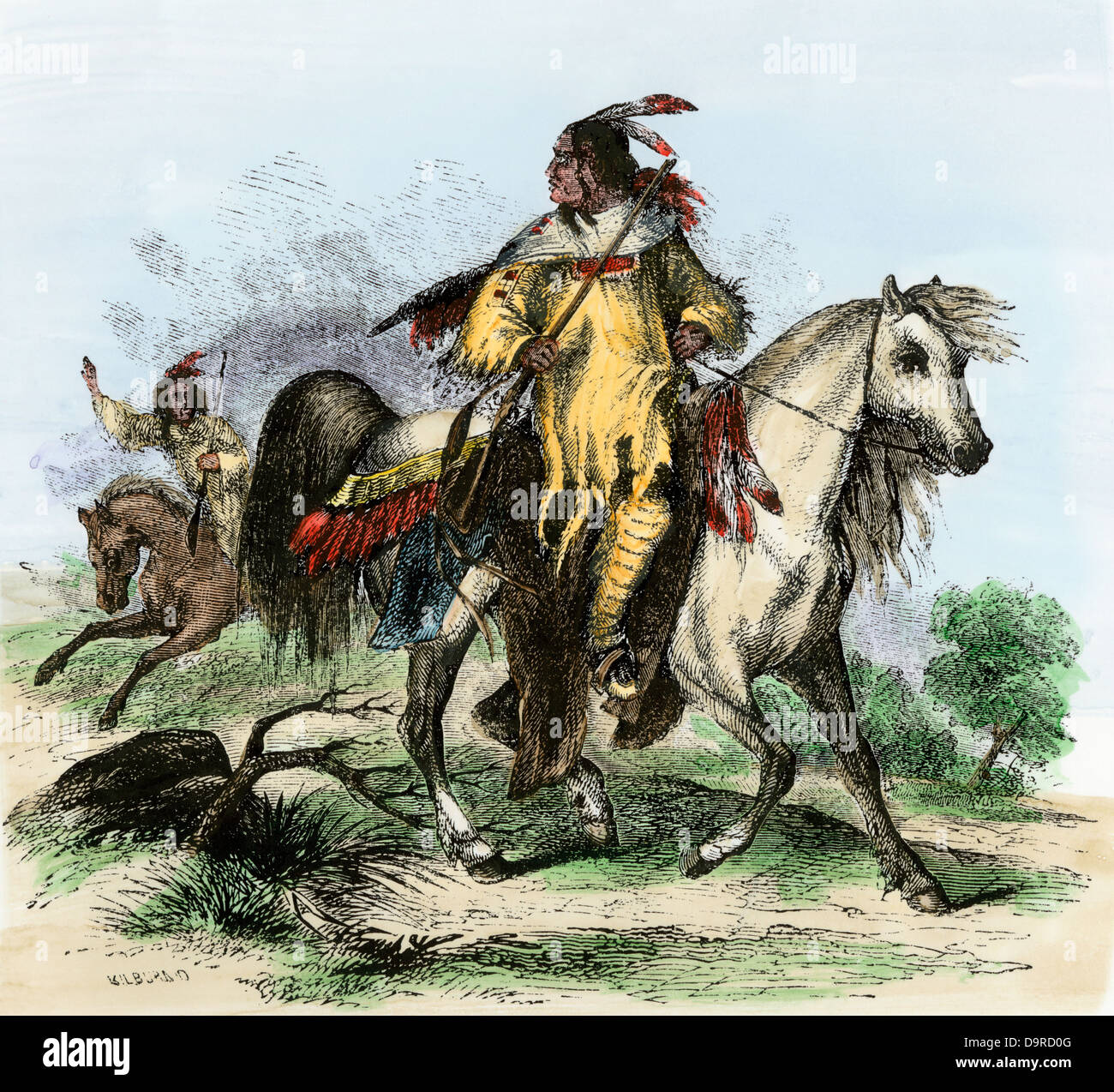 Blackfeet guerriers armés de fusils à cheval, 1850. À la main, gravure sur bois Banque D'Images