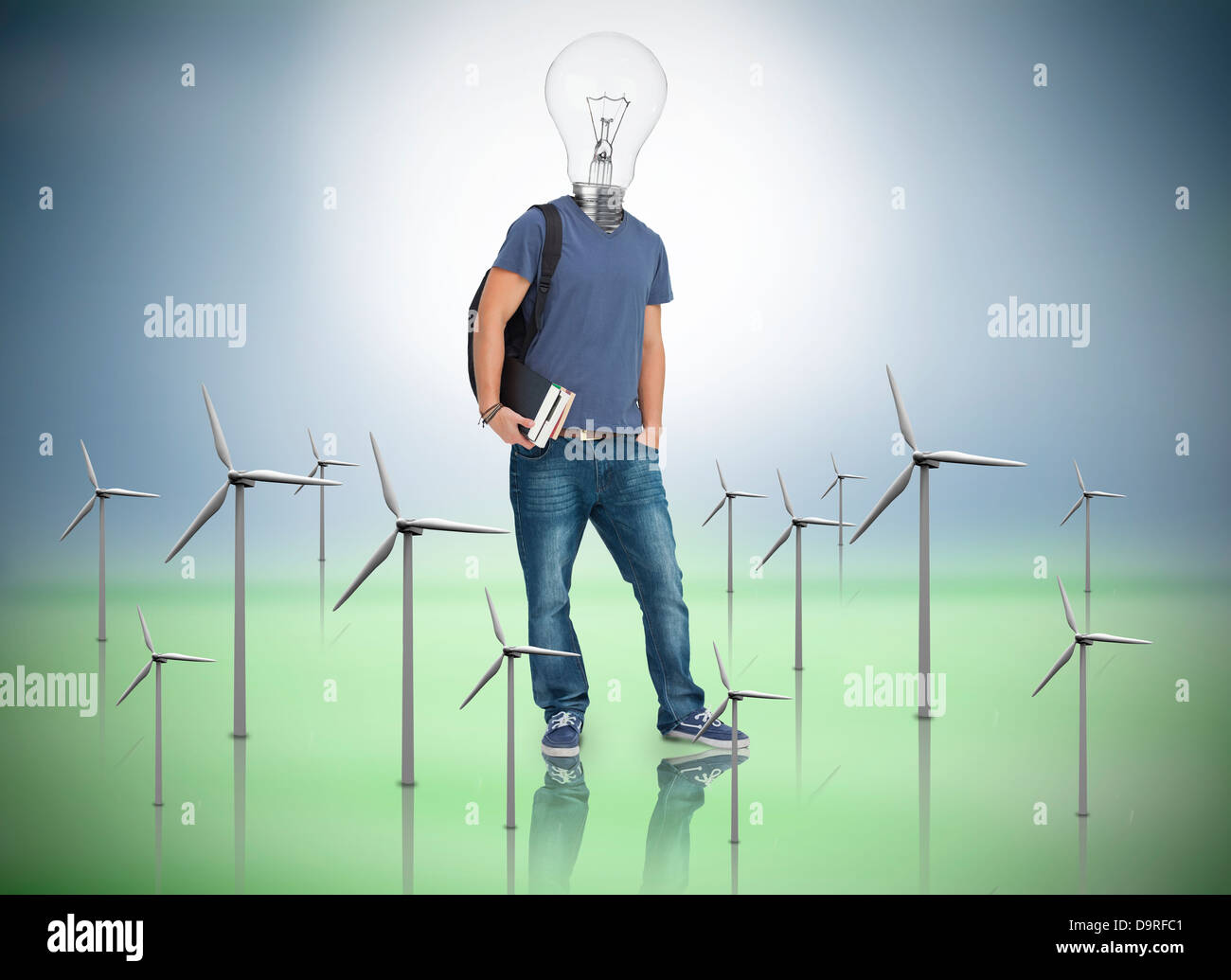 Étudiant avec lightbulb head with wind turbines Banque D'Images Étudiant avec lightbulb head with wind turbines Banque D'Images