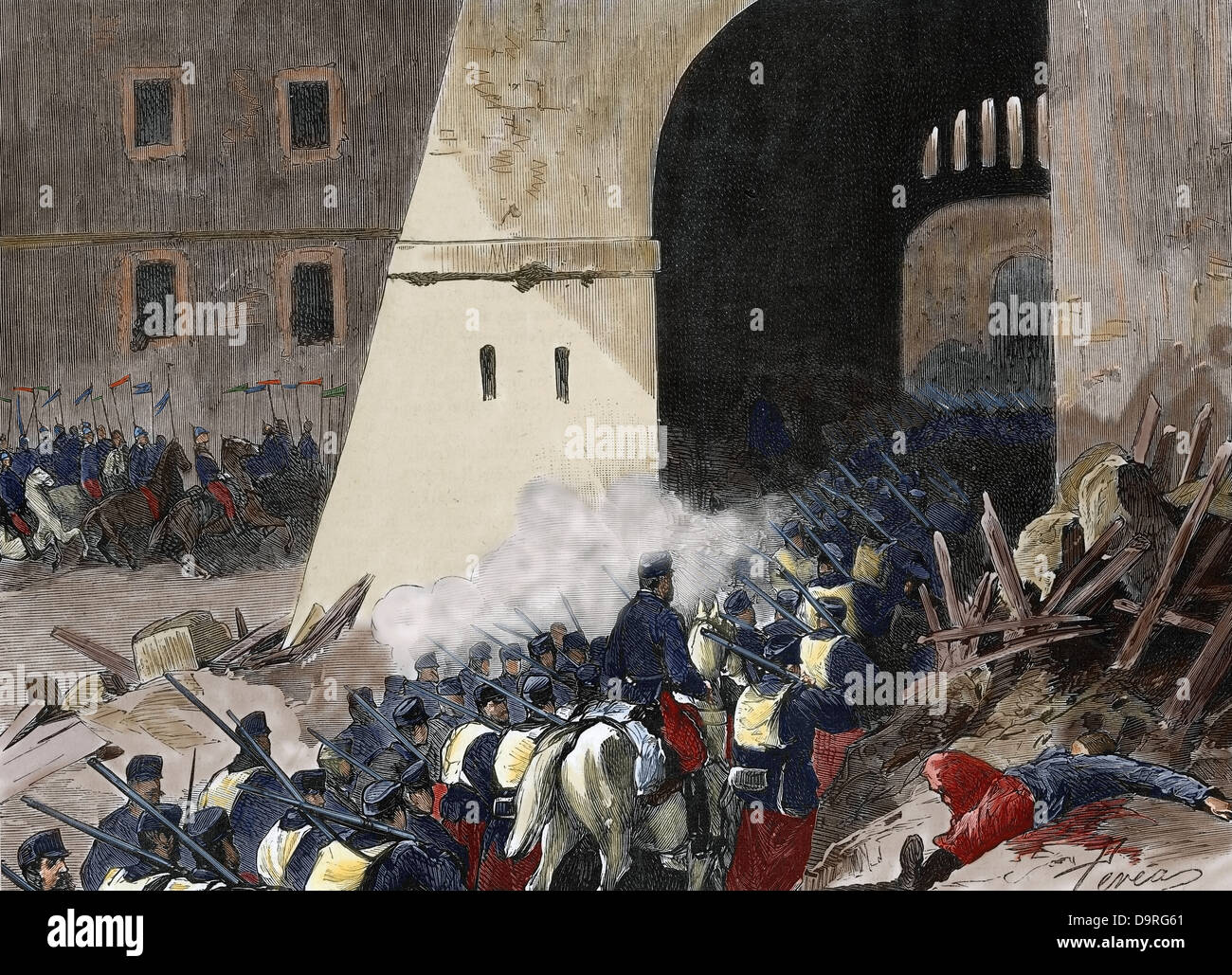 L'Espagne. Troisième Guerre carliste (1872-1876). -Arsenio Martinez Campos (1831-1900) Château de Miravet conquis, le 24 juin 1875. De couleur. Banque D'Images