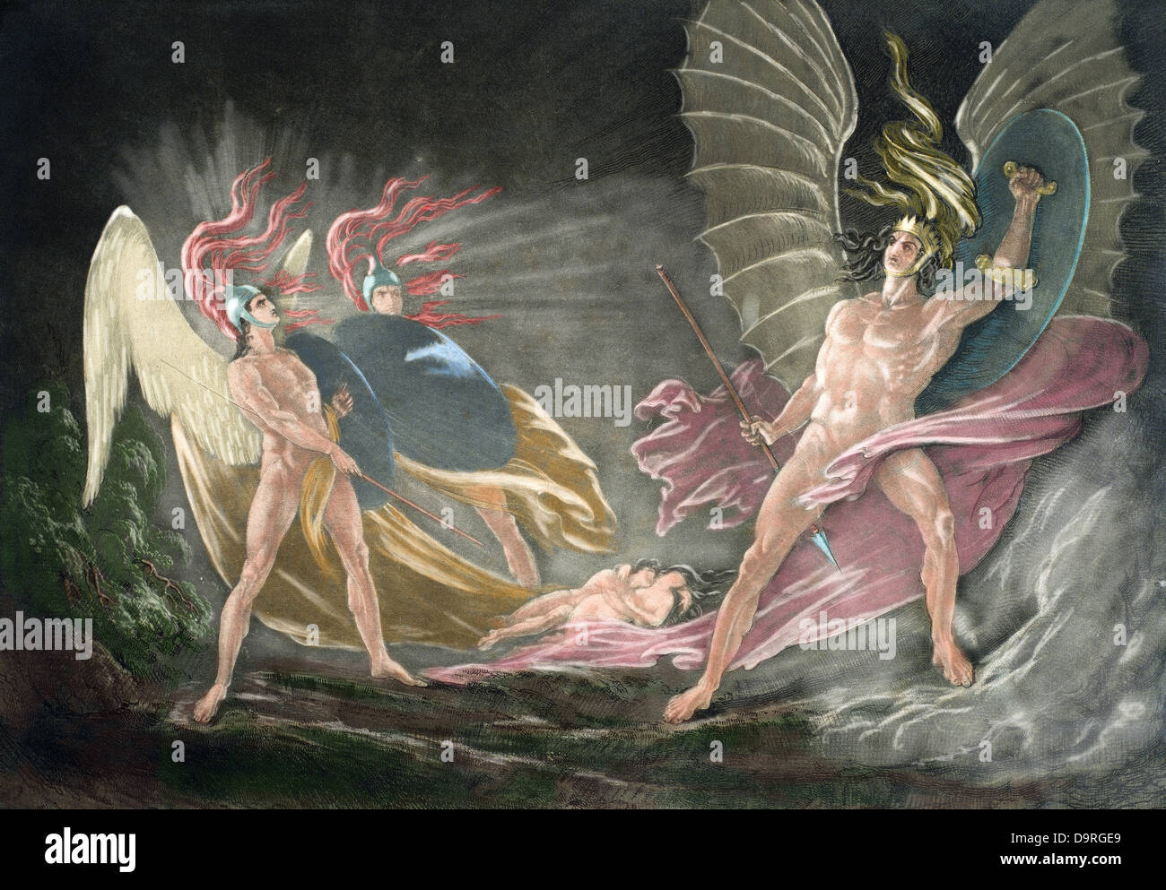 John Milton (1608-1674). Le poète britannique. Paradis Perdu. 1658-1667. Satan séduit Ève dans le rêve. La gravure. De couleur. Banque D'Images