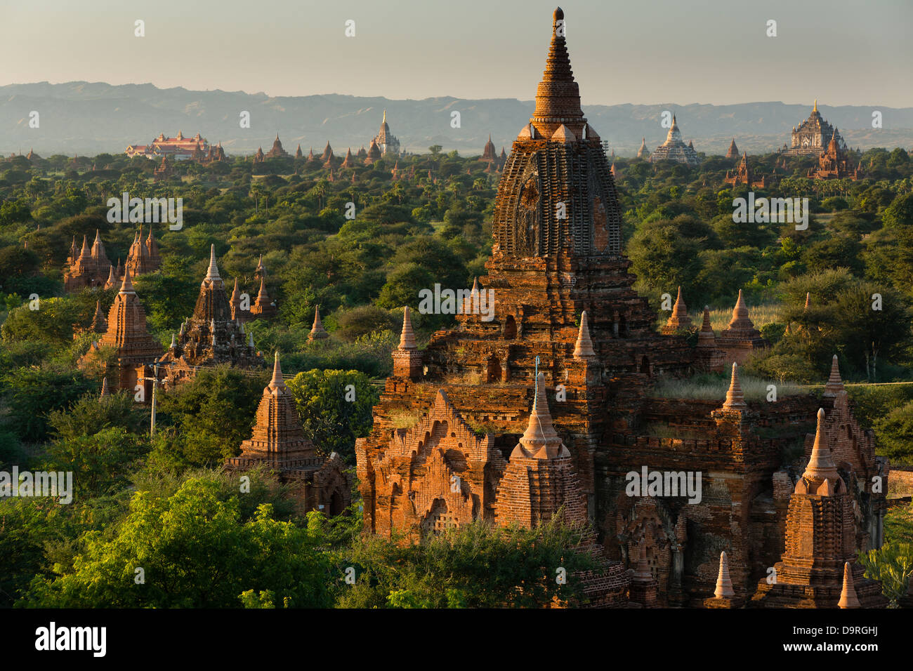 Des ballons sur les temples de Bagan à l'aube, le Myanmar (Birmanie) Banque D'Images