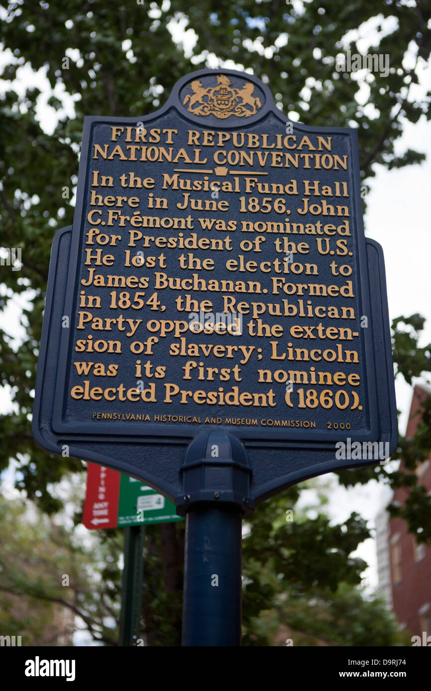 Première convention nationale républicaine dans le Fonds Musical salle ici en juin 1856, John C. Fremont a été nommé pour le président des États-Unis Il a perdu l'élection de James Buchanan. Créé en 1854 le Parti Républicain est opposé à l'extension de l'esclavage ; Lincoln était son premier candidat élu président (1860). Georgia Historical and Museum Commission, 2000 Banque D'Images