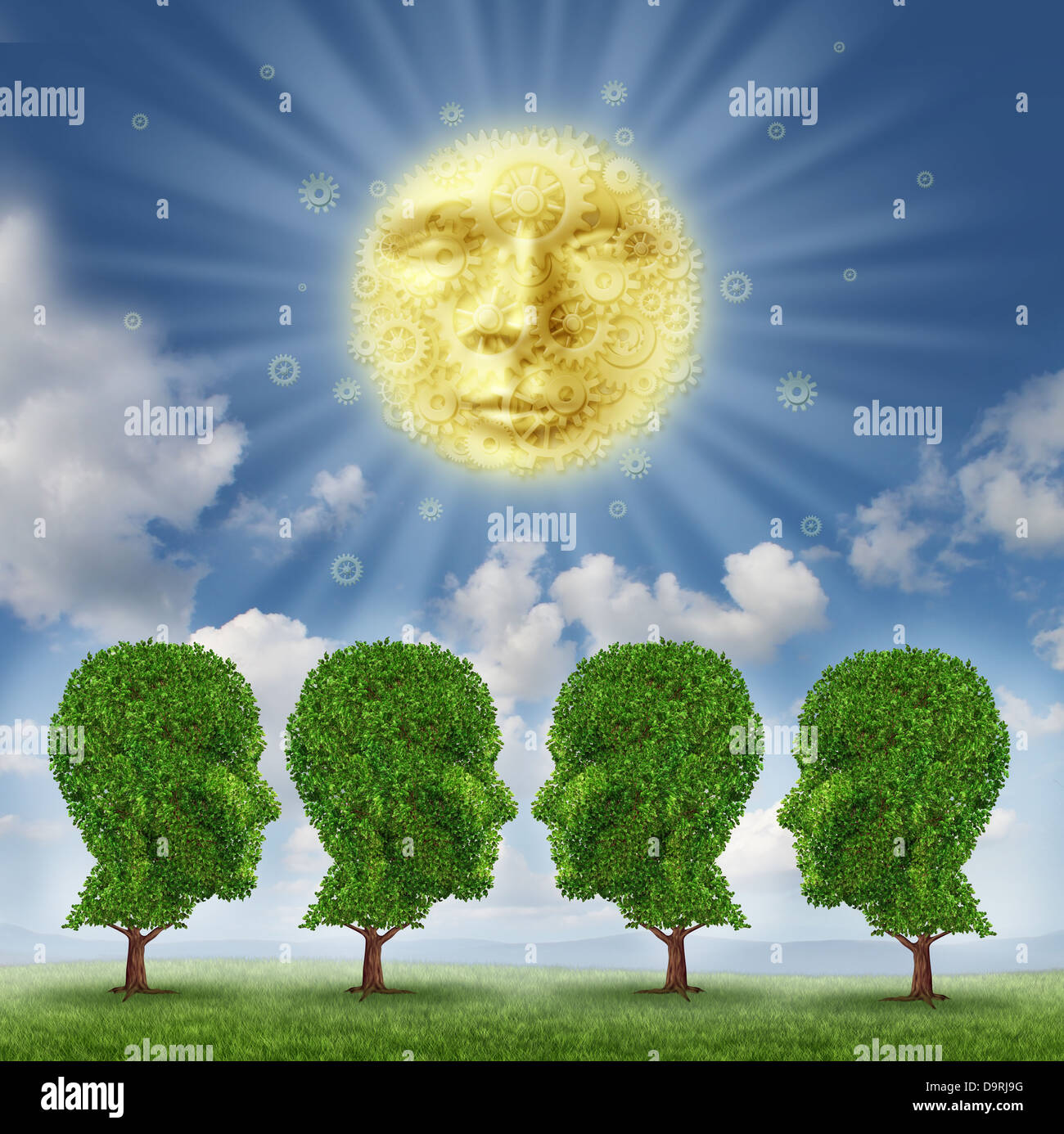 Leadership en éducation et de l'illumination concept avec un soleil comme un visage fait d'engrenages et de l'alimentation vert des arbres croissant sur le CMV se présentant sous forme d'un groupe de têtes humaines comme une idée de l'apprentissage pour l'avancement de carrière. Banque D'Images