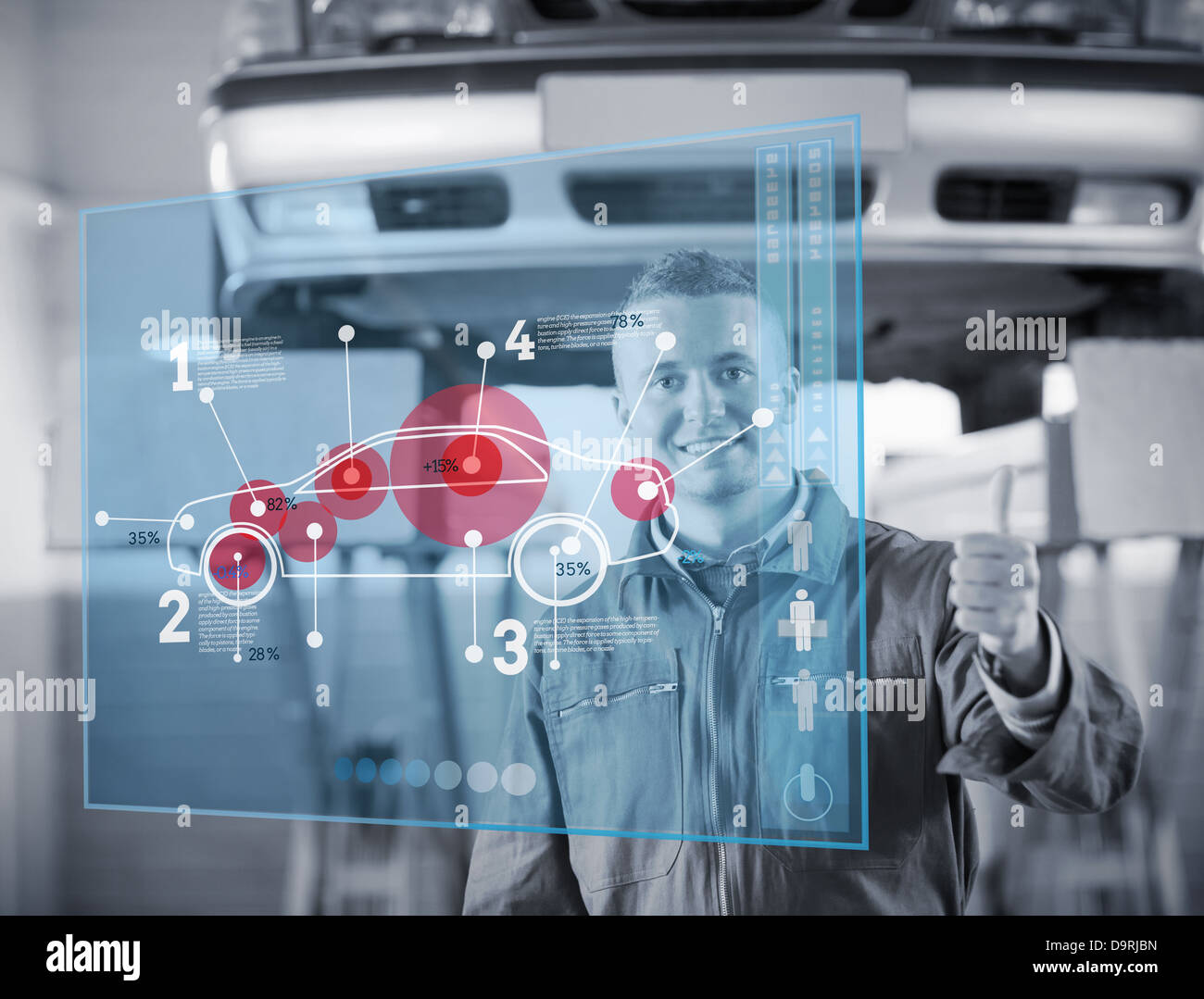 Portrait of smiling mechanic Thumbs up avec interface futuriste en noir et blanc Banque D'Images