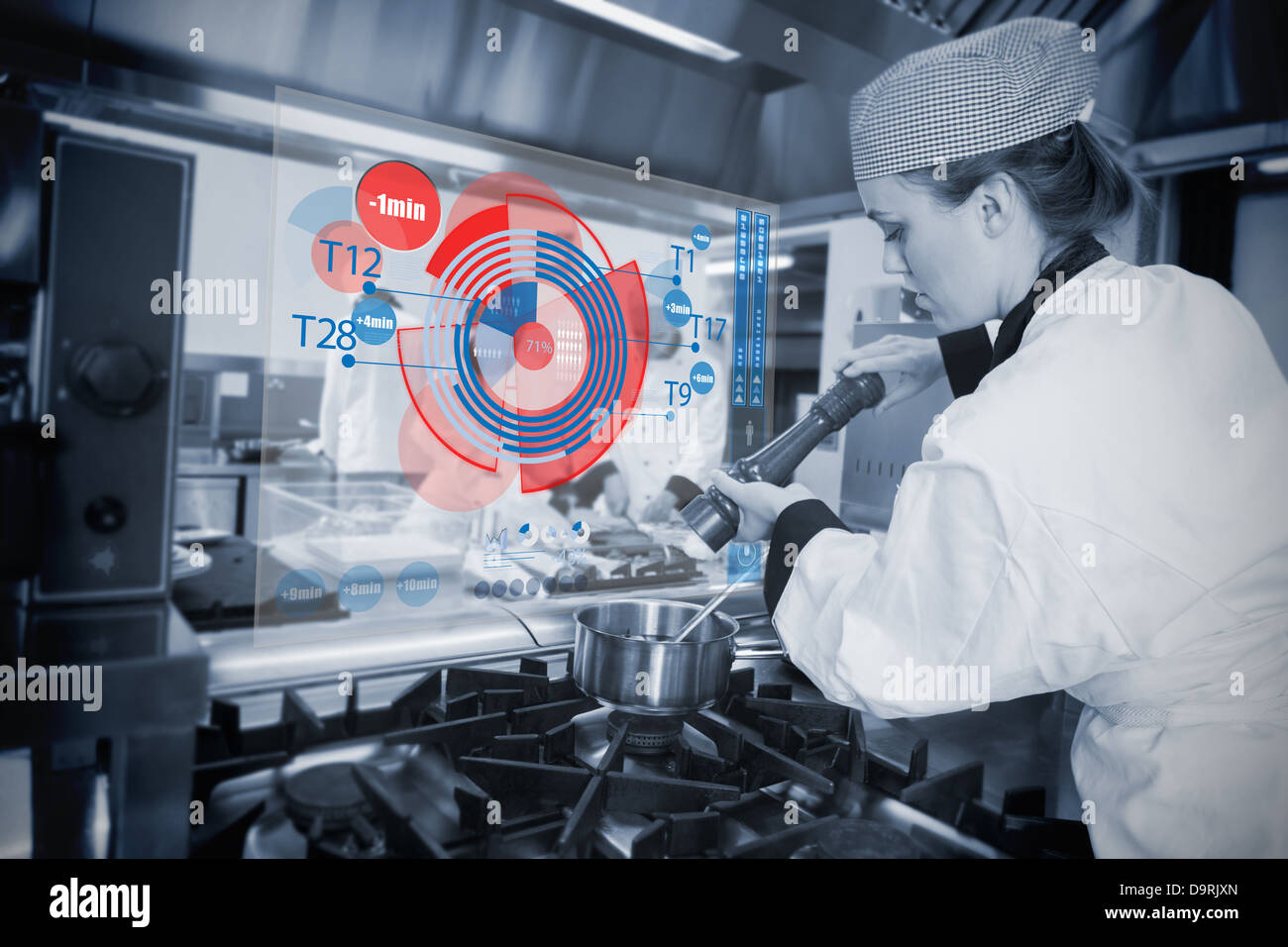 Assaisonnement Chef le pot et using futuristic interface Banque D'Images Assaisonnement Chef le pot et using futuristic interface Banque D'Images