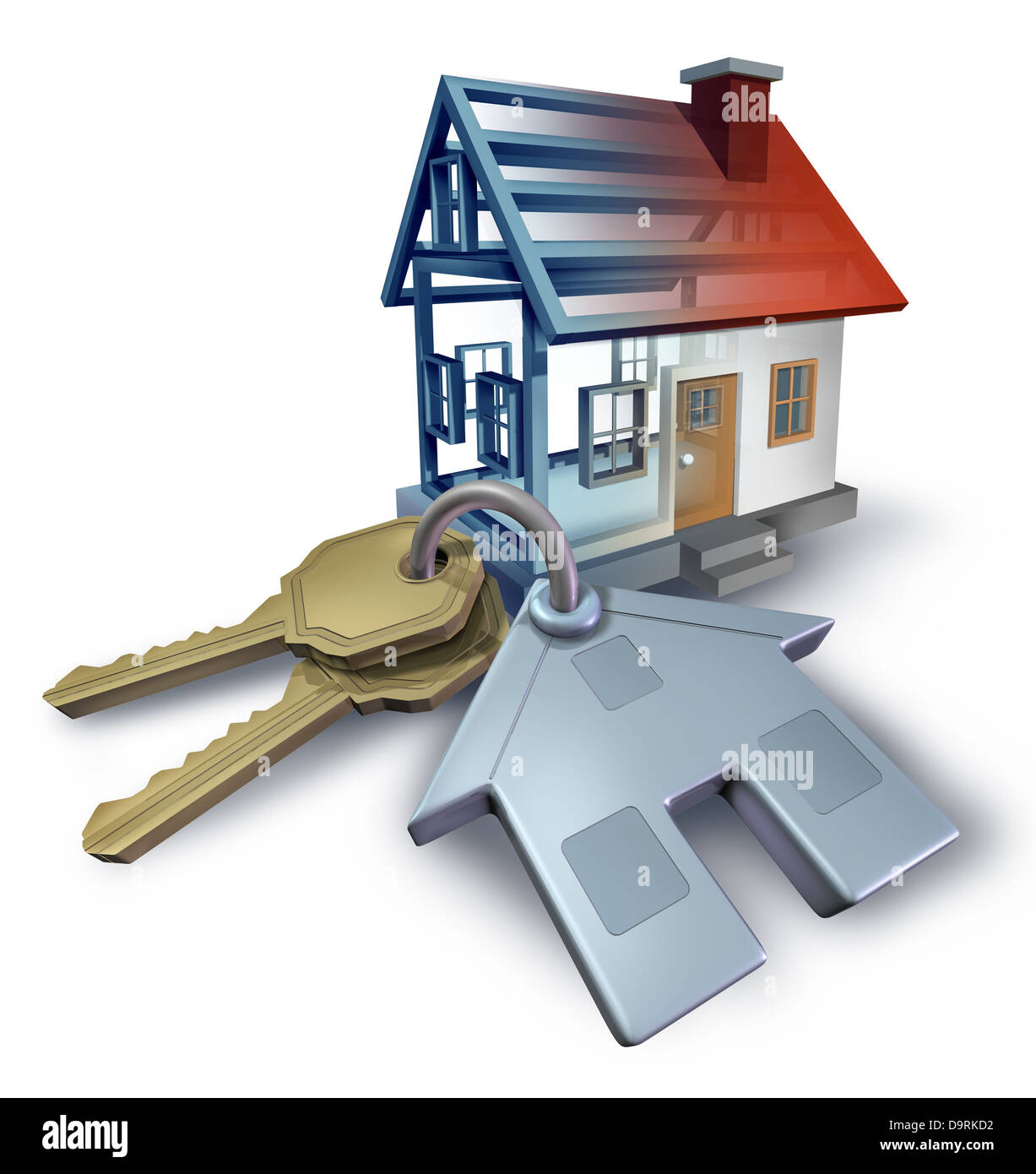Planification et construction d'une maison de blue imprimer un plan avec des clés de la maison et d'une structure résidentielle sur trois dimensions Banque D'Images