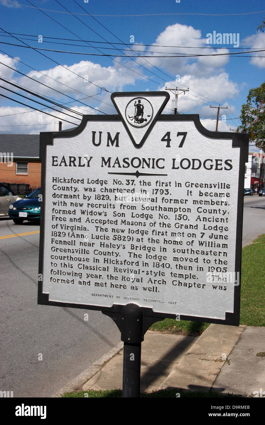 Début des loges maçonniques Hicksford Lodge No 37, la première à Greensville Comté, fut créé en 1793. Il est devenu en 1829, dormant Banque D'Images