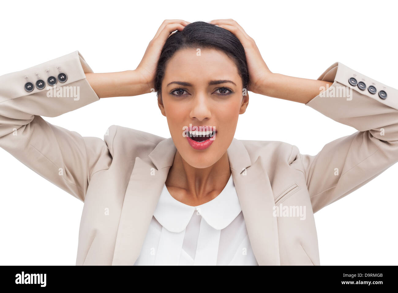 Businesswoman holding sa tête entre les mains Banque D'Images