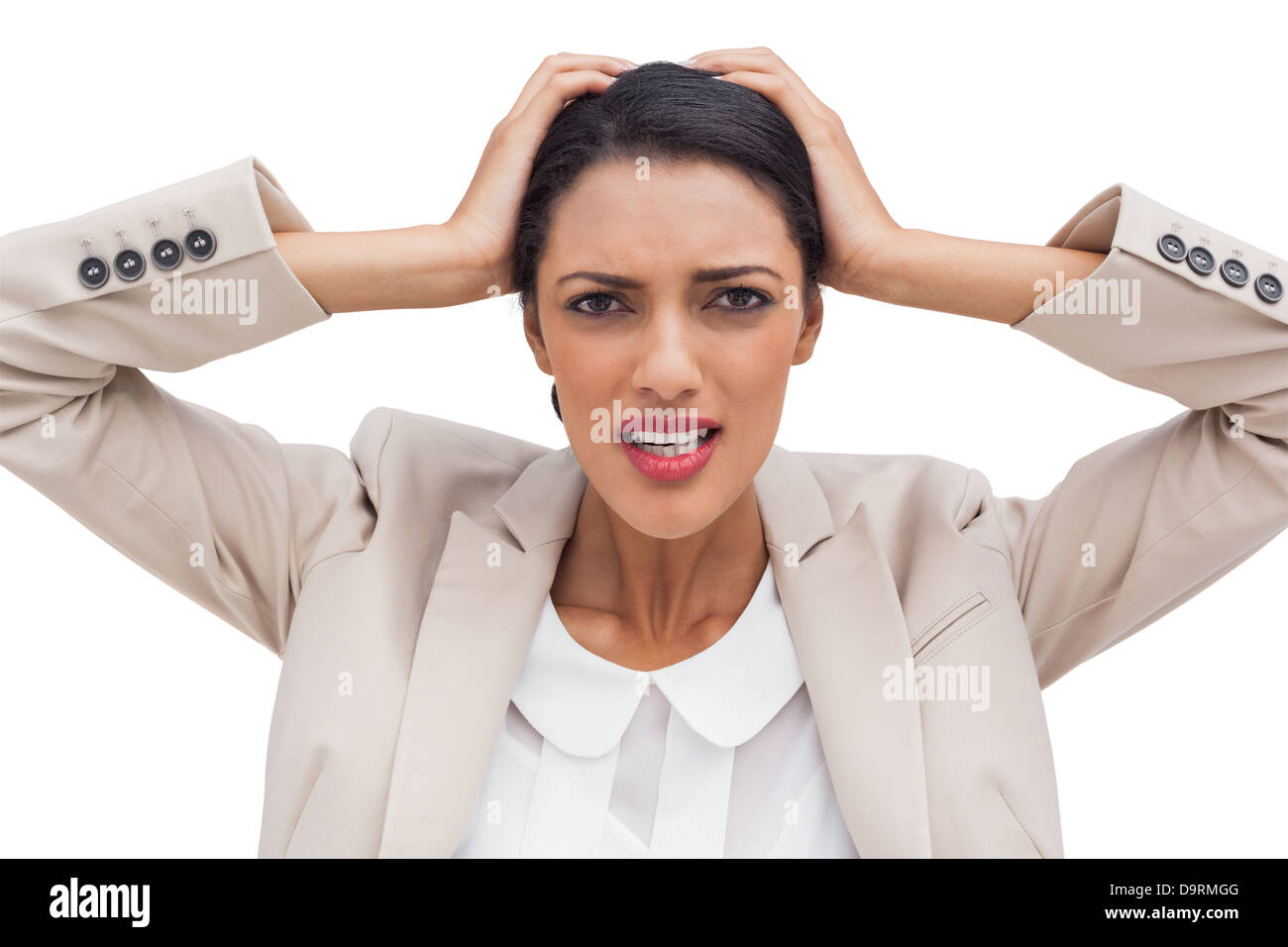 Young businesswoman holding sa tête entre les mains Banque D'Images