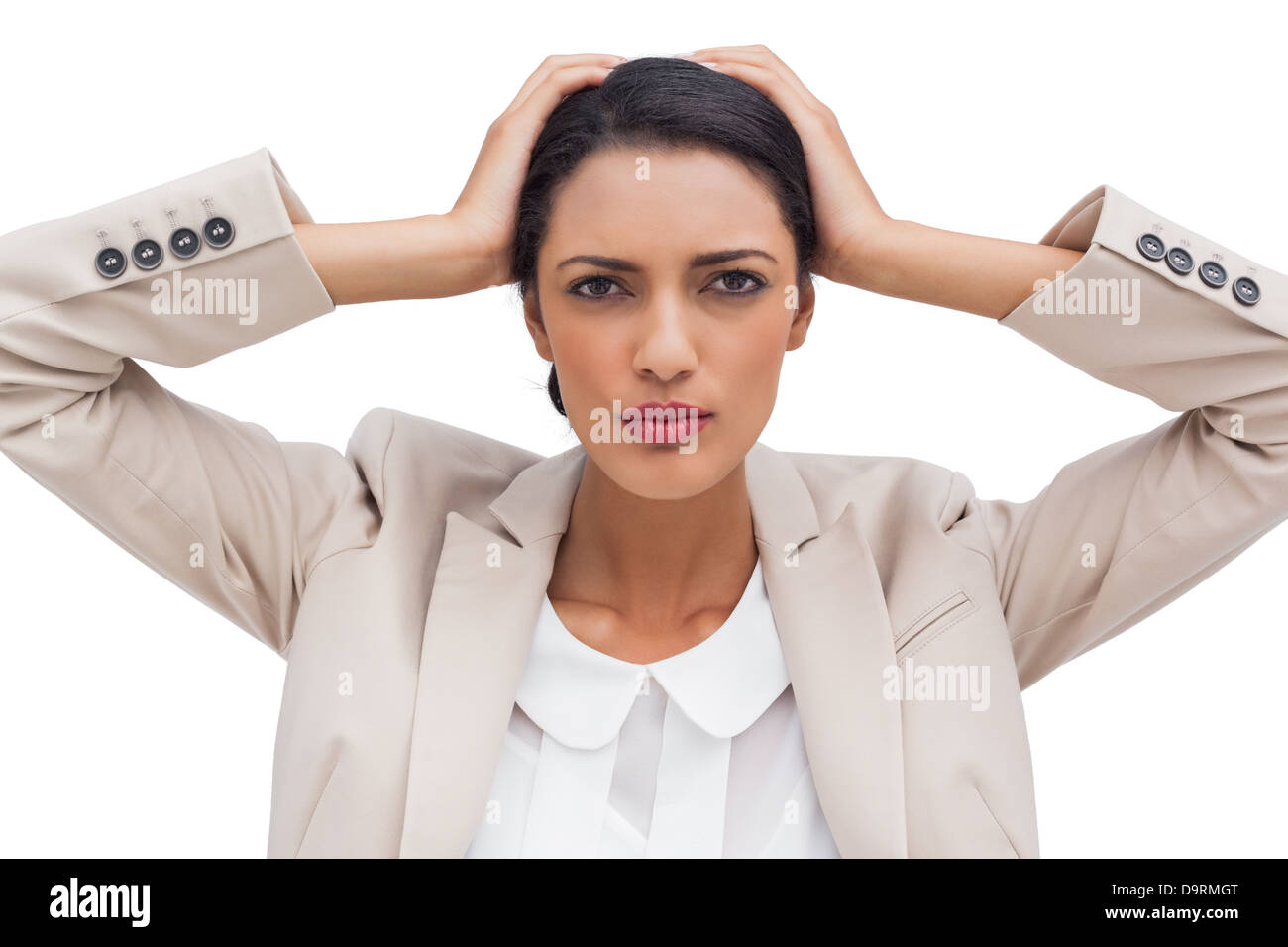 Souligné businesswoman holding sa tête entre les mains Banque D'Images