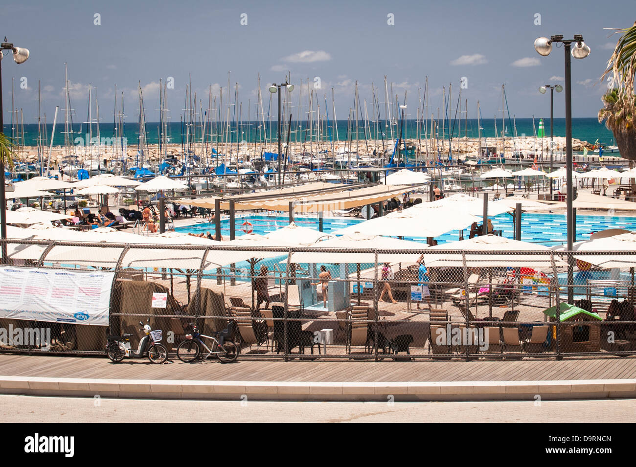 Israël Tel Aviv Gay Pride Day Gordon Beach piscine port de plaisance loisirs Harbour Marina Mer Méditerranée ciel bleu palmiers Banque D'Images