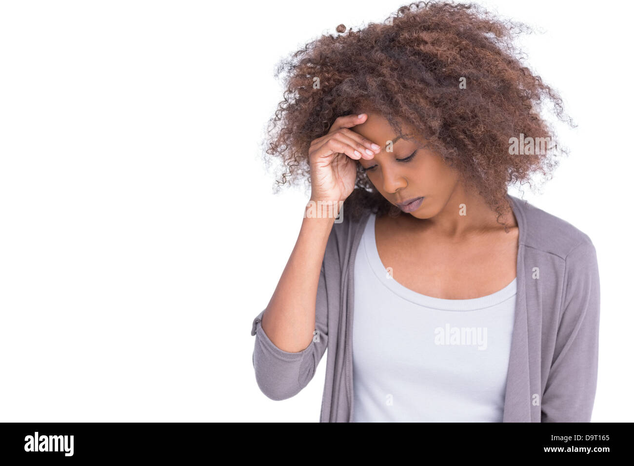 Sad woman holding son front avec sa main Banque D'Images