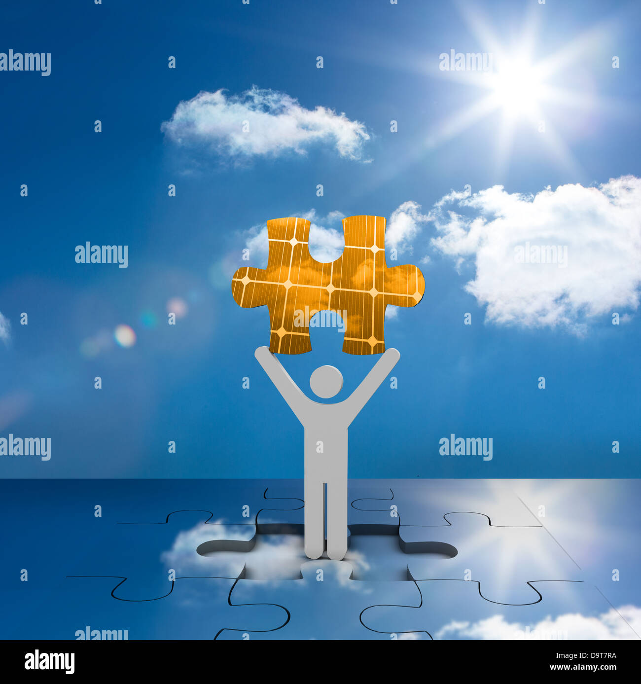 Personnage blanc debout dans un puzzle et tenant un morceau de puzzle Banque D'Images Personnage blanc debout dans un puzzle et tenant un morceau de puzzle Banque D'Images