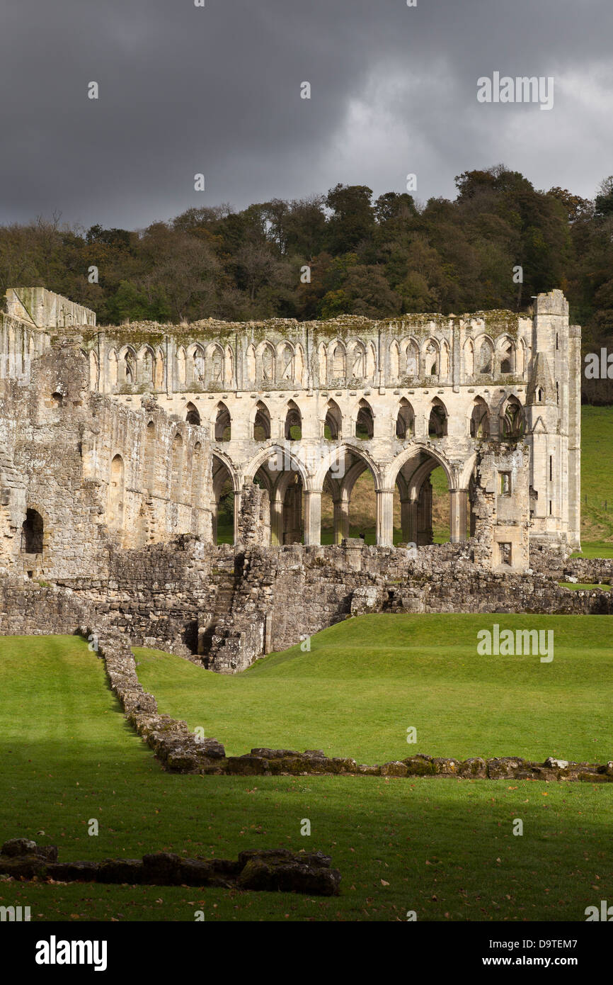 Près de l'abbaye de Rievaulx Helmsley sous un ciel d'orage. Banque D'Images