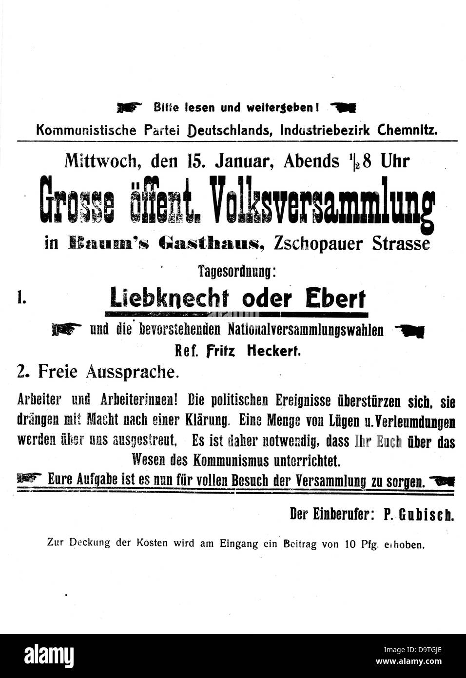 Appel du Parti communiste d'Allemagne (KPD) pour une réunion publique le 15 janvier 1919 sur l'ocasion de l'élection en cours de l'Assemblée nationale allemande à Chemnitz, Allemagne. Le même soir, les membres fondateurs du KPD, Rosa Luxemburg et Karl Liebknecht, ont été assassinés à Berlin, en Allemagne. Fotoarchiv für Zeitgeschichte Banque D'Images