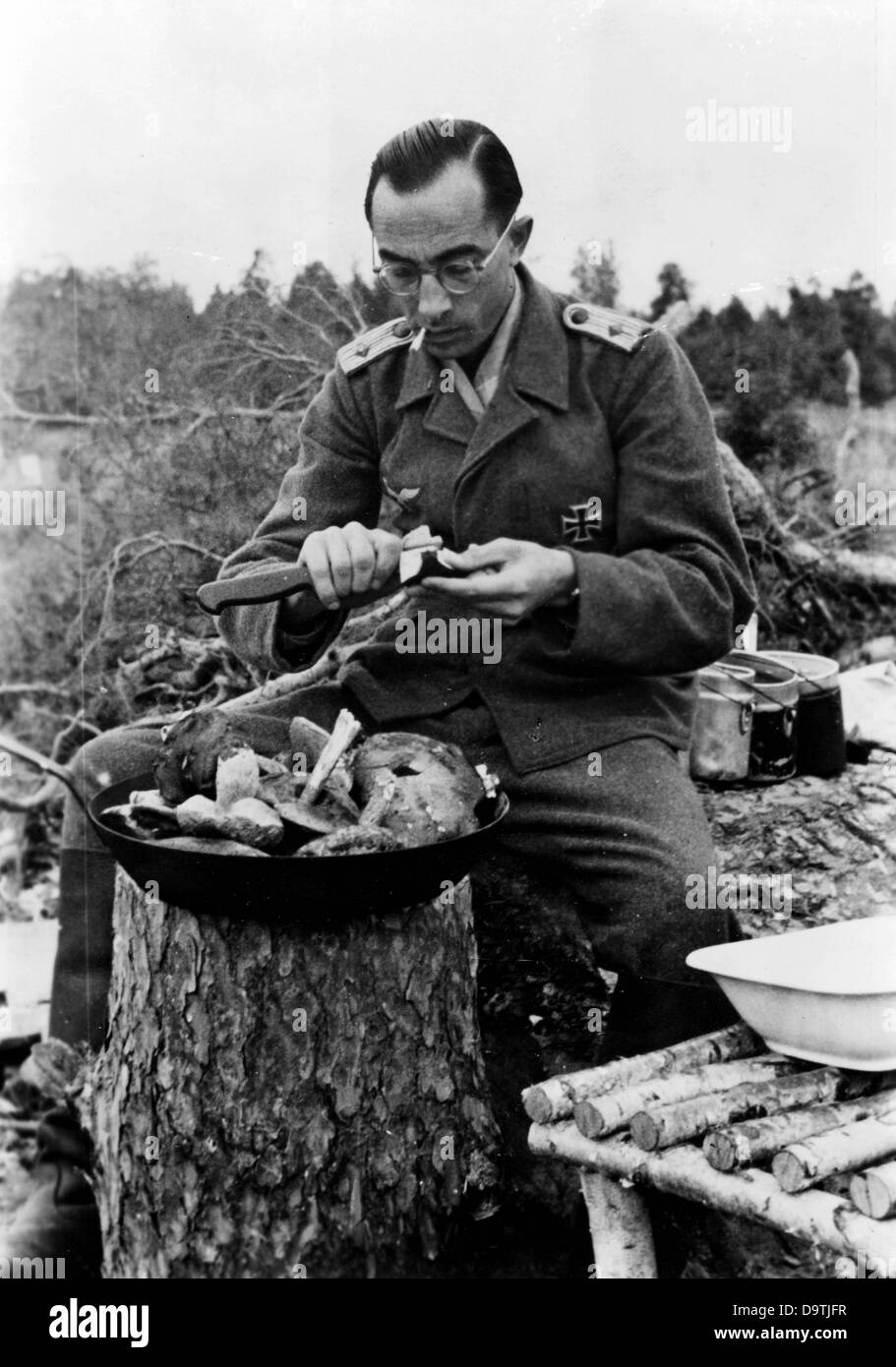 Texte de propagande du rapport national-socialiste au dos de la photo: «Il y a beaucoup de champignons dans la zone de la ligne de combat principale. Le cuisinier sait comment les préparer pour ses camarades dans son temps libre clairsemé. Motif tiré du front de l'est le 21st octobre 1943. Contrairement à l'information propagée en Allemagne, il y avait en règle générale pénurie d'offre sur le front oriental. Fotoarchiv für Zeitgeschichte Banque D'Images