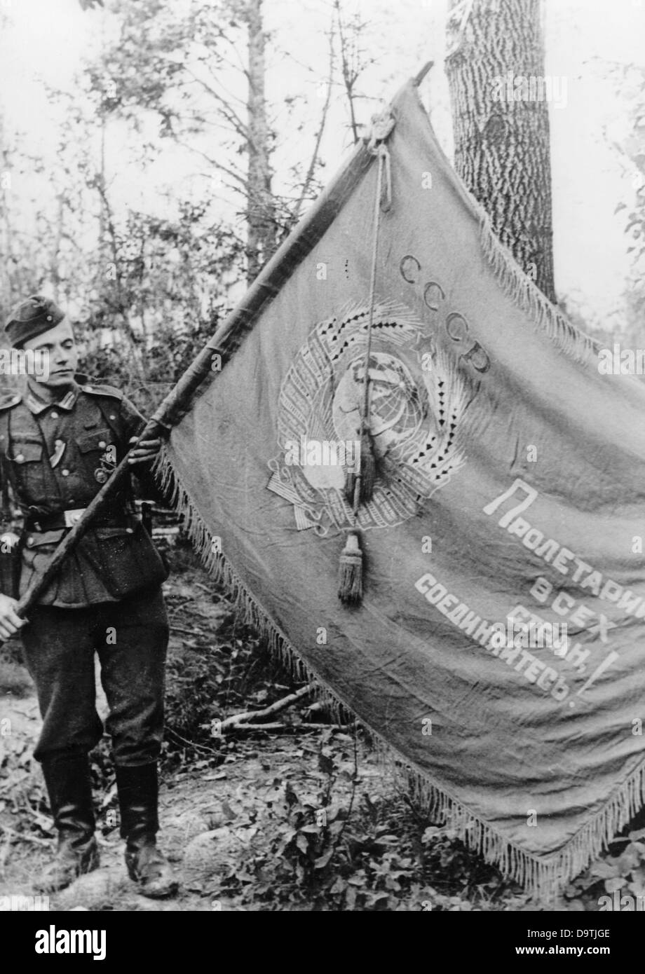 La propagande nazie! Sur le dos de l'image se lit: 'Les maux de guerre du lac Ladoga. Au cours de lourdes actions défensives dans le sud du lac Ladoga, ce drapeau soviétique a été capturé. 'Les prolétaires du monde s'unissent !' est la devise sous laquelle ses porteurs et ceux qui les ont suivis ont été conduits à la mort. » Une image du Front de l'est/Russie, 13 août 1943. L'attaque contre la Russie par le Reich allemand a été acceptée en juillet 1940 et a été préparée depuis décembre 1940 comme l'opération Barbarossa. Le 22 juin 1941, l'invasion de l'Union soviétique par la Wehrmacht allemande a commencé. Fotoarchiv für Zeitgeschichte Banque D'Images