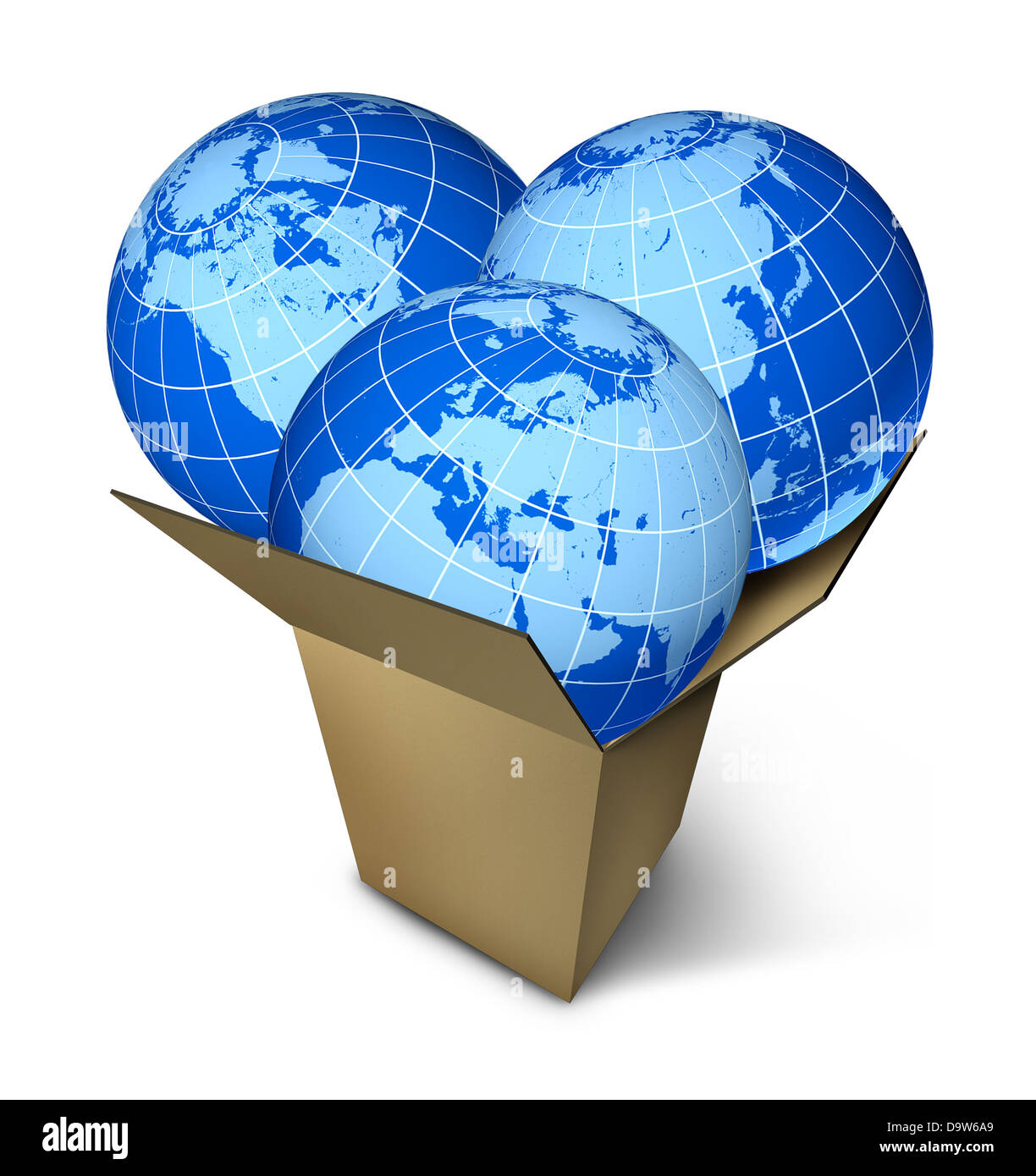 Monde et d'expédition de colis livraison de colis international business concept avec une boîte en carton contenant trois sphères de l'Asie de l'Amérique du Nord et en Europe sur un fond blanc. Banque D'Images