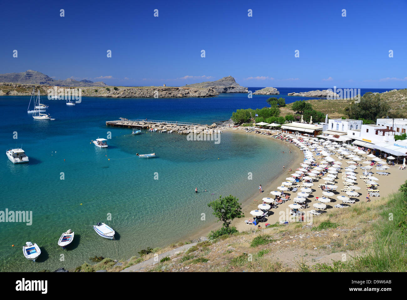 Plage de Pallas, Lindos, Rhodes (Rodos), du Dodécanèse, Grèce, région sud de la Mer Egée Banque D'Images