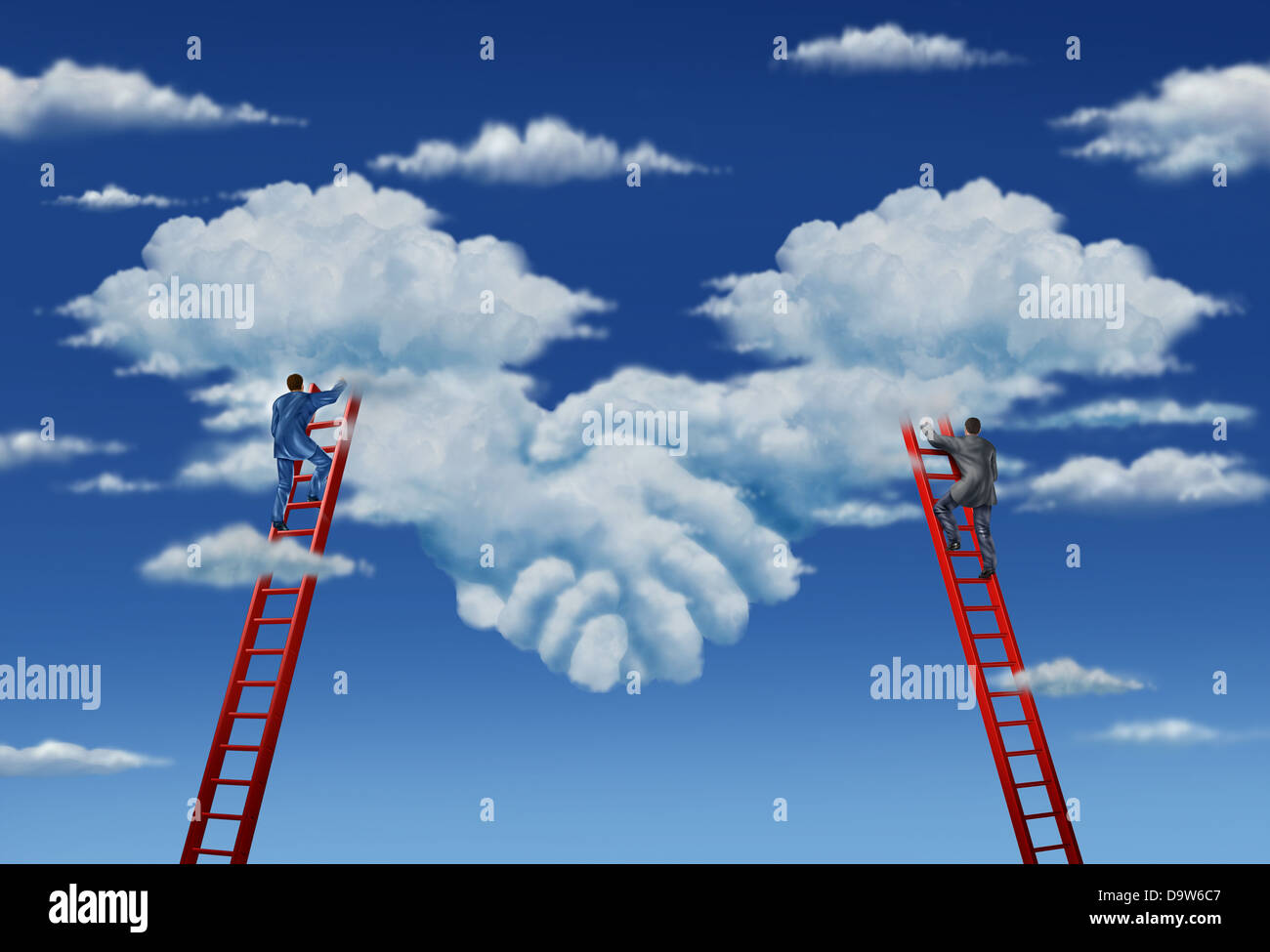Plan d'accord d'entreprise et faire face à un groupe de deux hommes d'grimper aux échelles qui travaillent ensemble en partenariat pour former des nuages dans le ciel comme une poignée de main symbolique. Banque D'Images