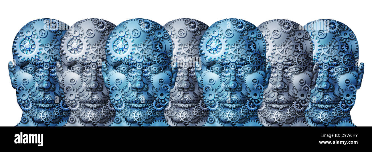 L'équipe de l'entreprise connecté réseau de personnes avec un groupe de têtes humaines faite d'engrenages et de pignons comme un concept de strong Banque D'Images