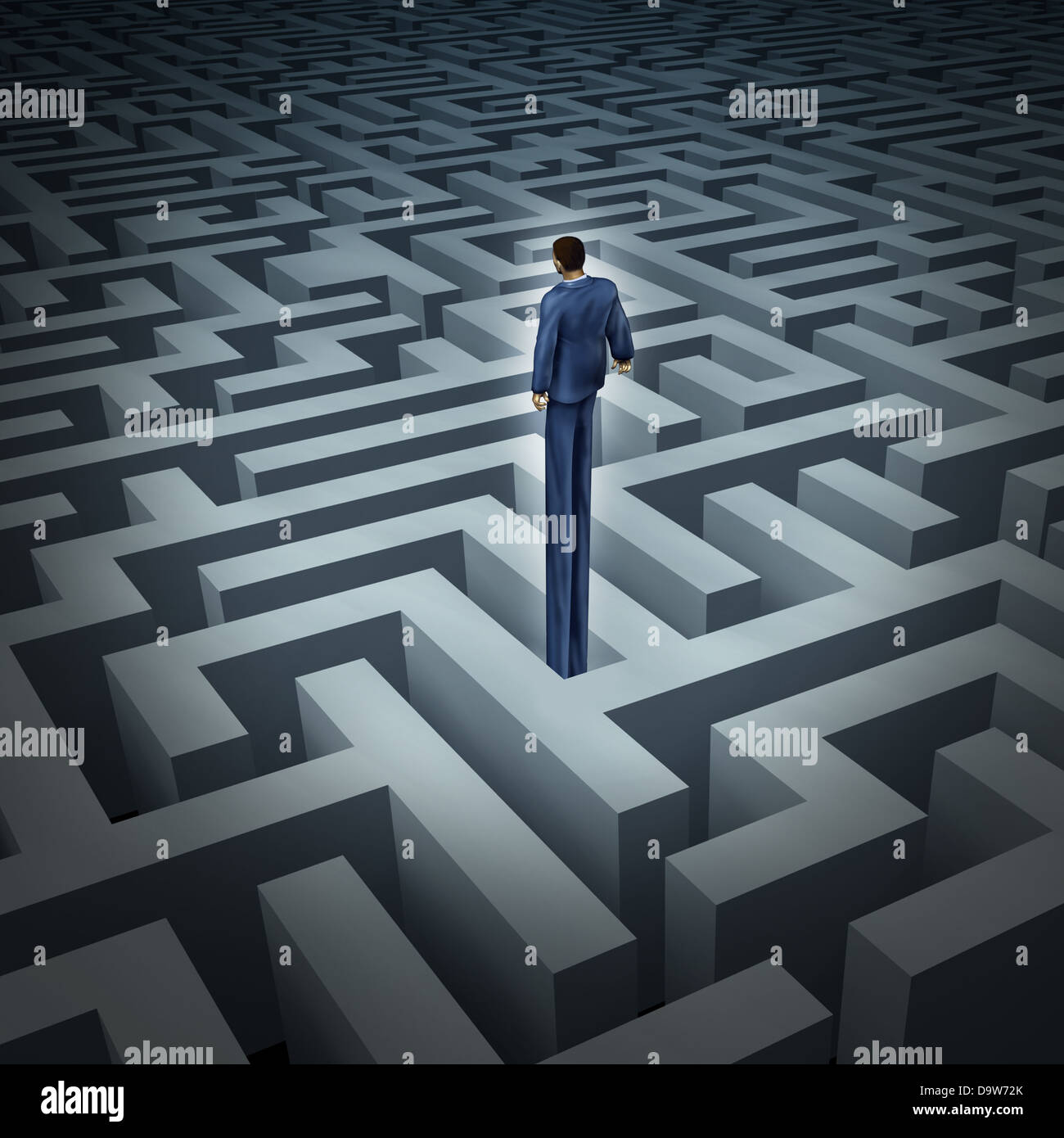 Nouveau leadership vision pour trouver des solutions avec un homme d'affaires qui a connu de longues jambes pour voir au-dessus à travers un labyrinthe labyrinthe compliqué ou comme un concept d'entreprise d'idées novatrices pour le succès financier. Banque D'Images