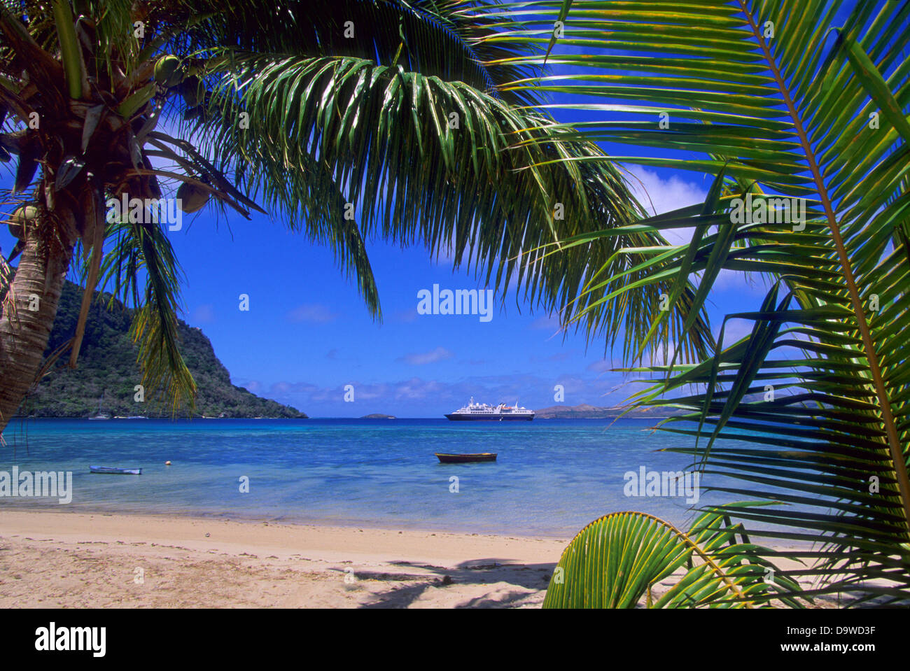 Fidji, Yasawa Group, Sawa-I-Lau, l'Île Expedition Cruise Ship M/S World Discoverer, Cocotiers Banque D'Images